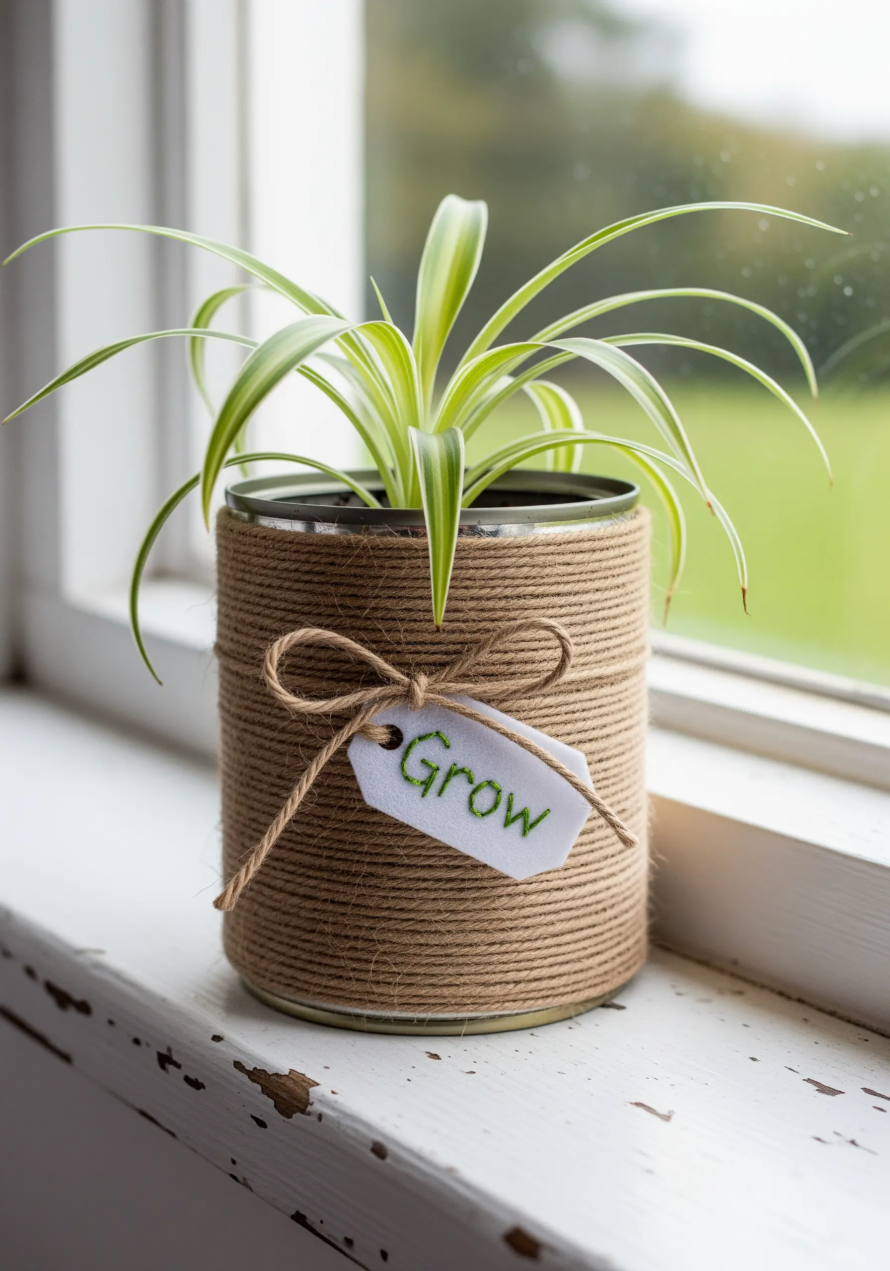 A tin can wrapped in jute twine with a small white tag embroidered with the word 'Grow'.
