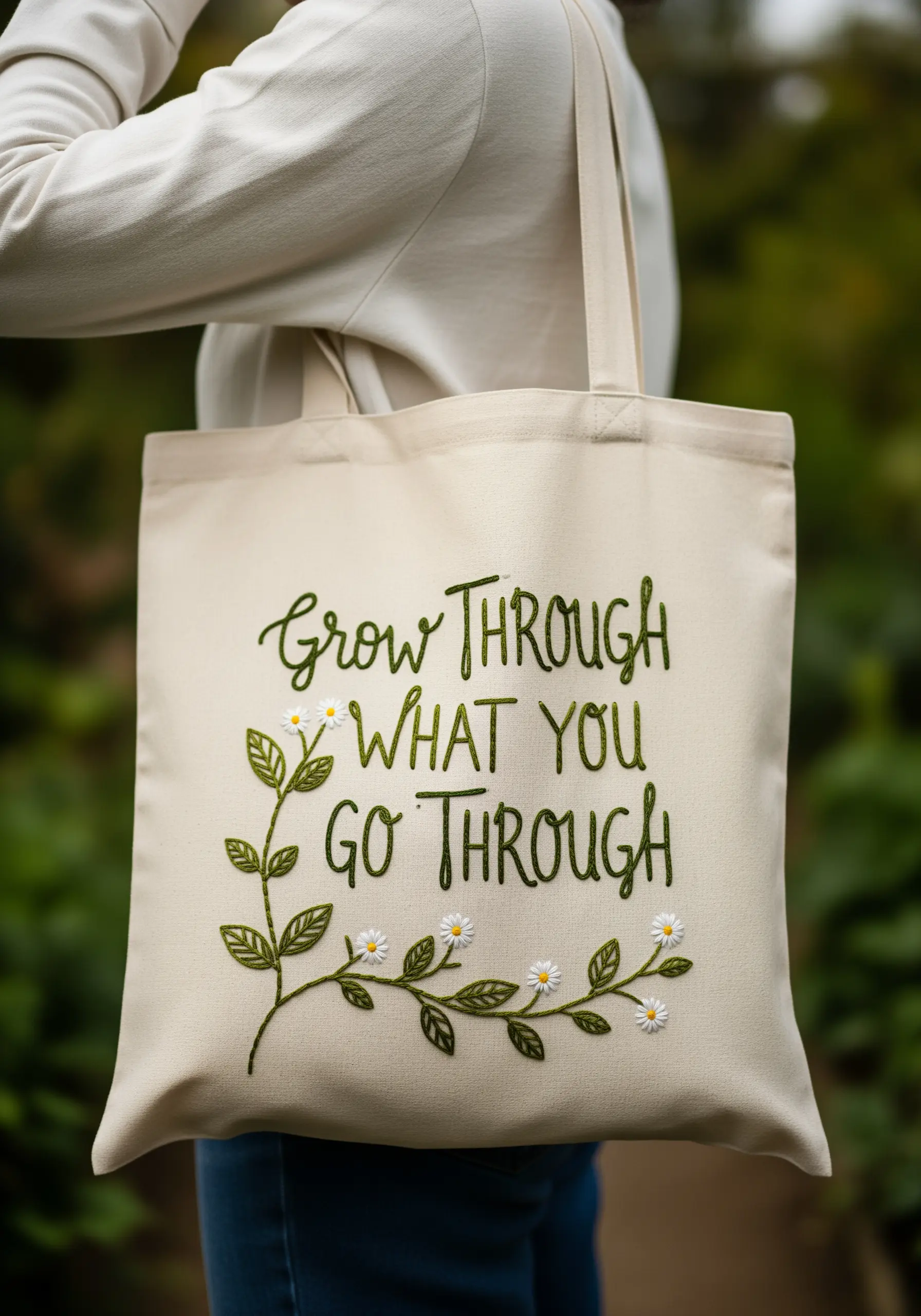 Embroidered quote 'Grow Through What You Go Through' with a leafy vine and small white daisies.