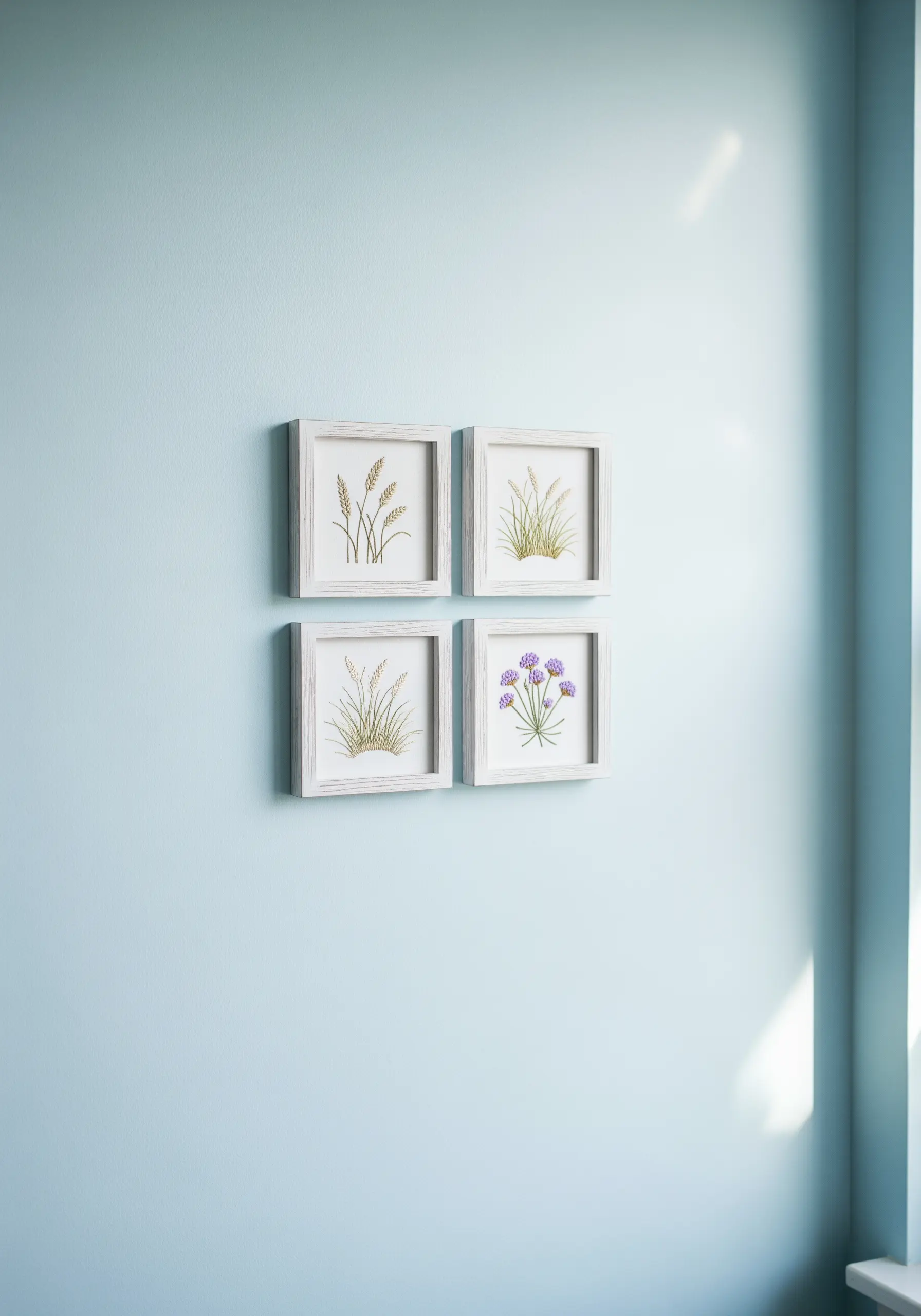 Four white-framed embroideries of wildflowers and grasses arranged in a square on a light blue wall.