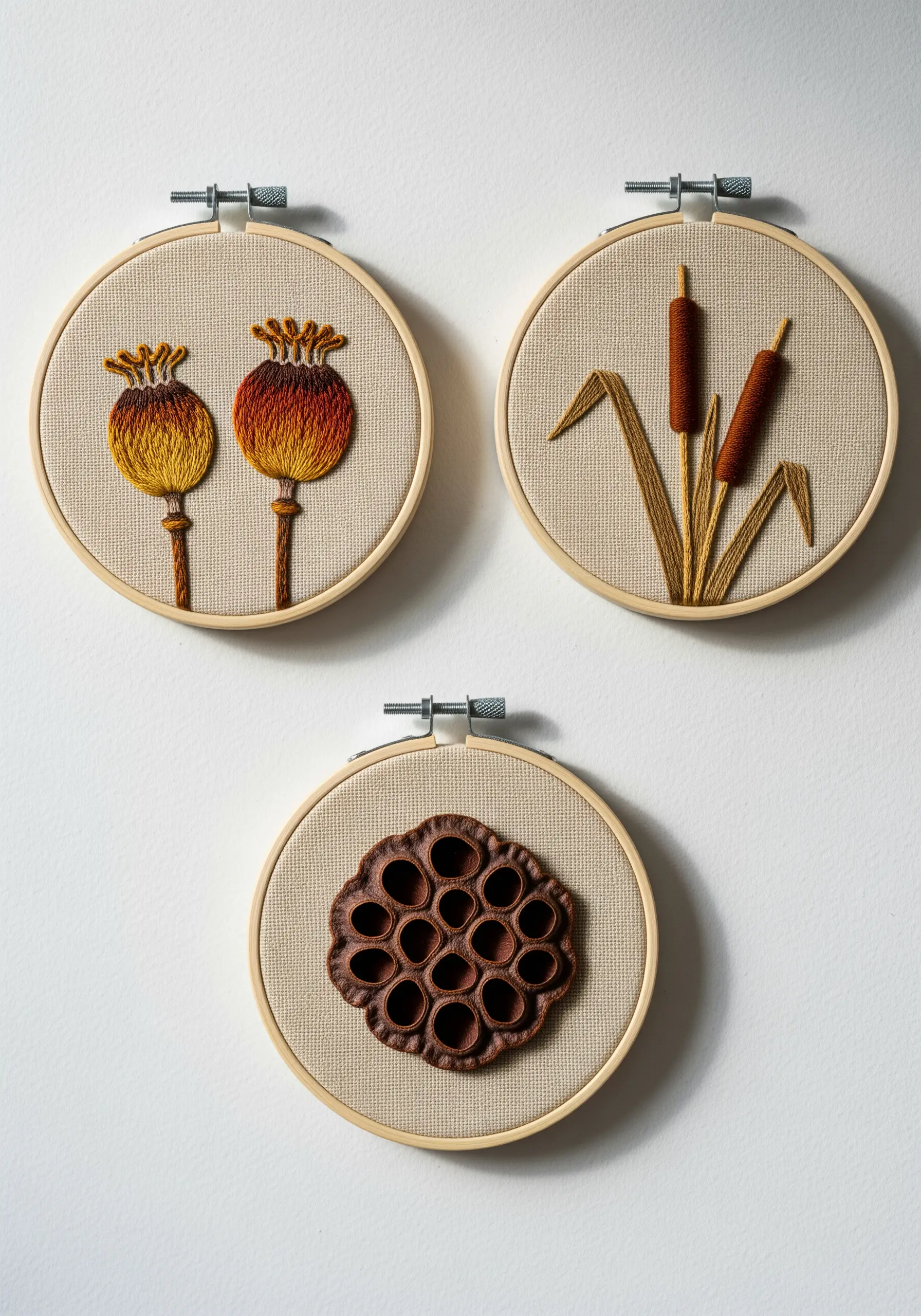 Triptych of small embroidery hoops with poppy pods, cattails, and a 3D lotus seed pod.
