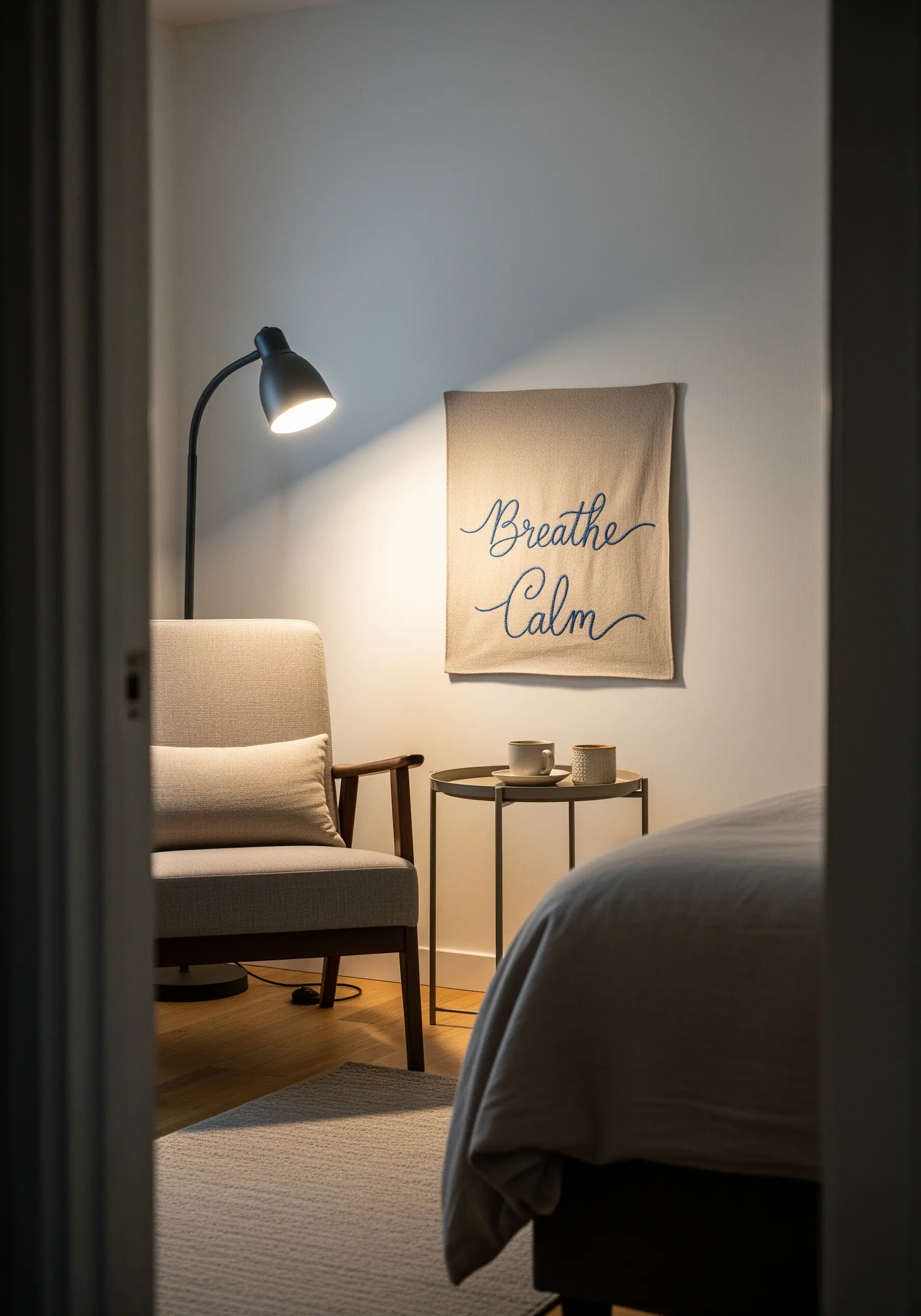 A simple wall hanging with the words 'Breathe Calm' embroidered in script.