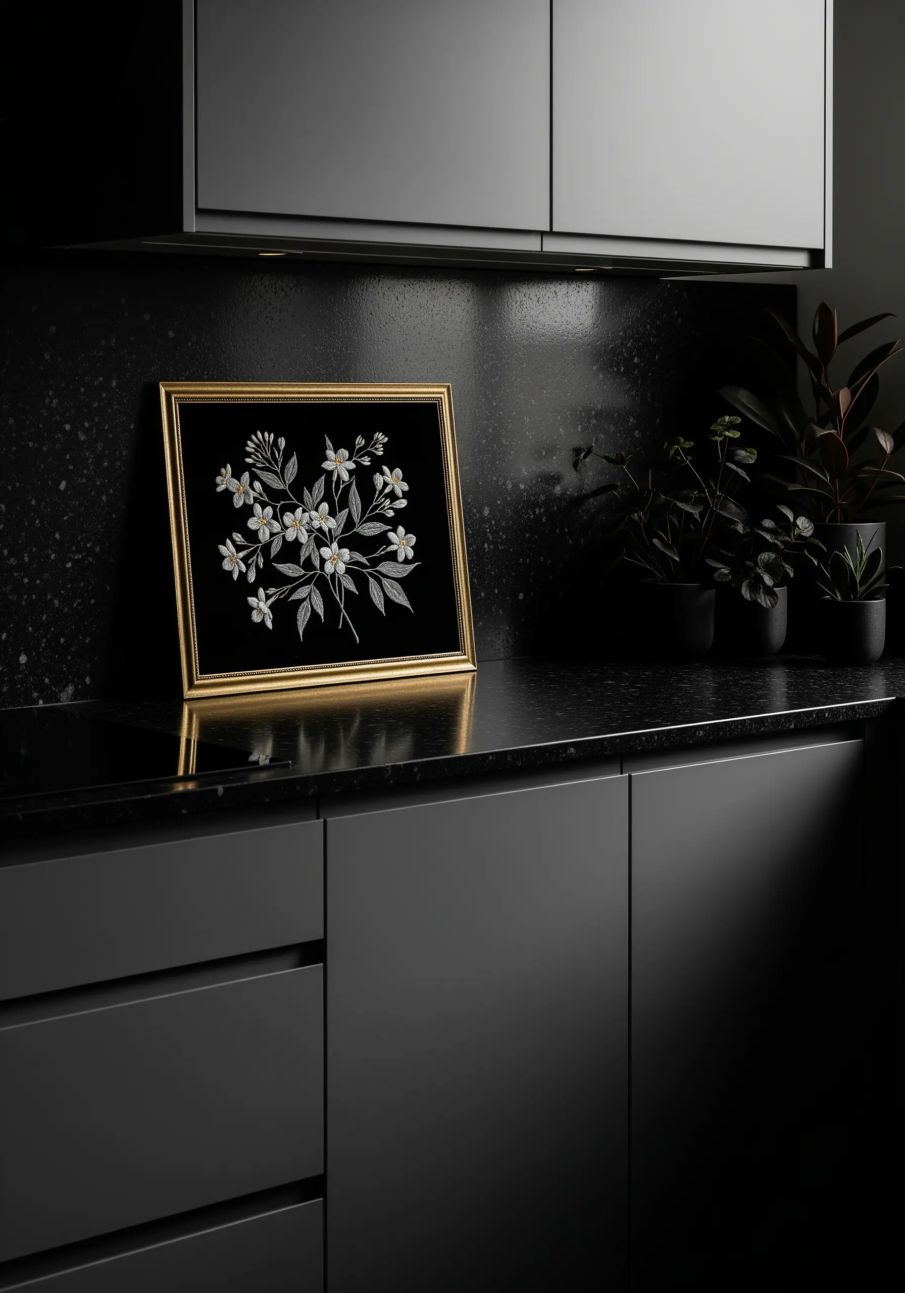 Embroidery of white blossoms on black fabric in a gold frame, placed in a chic black kitchen.