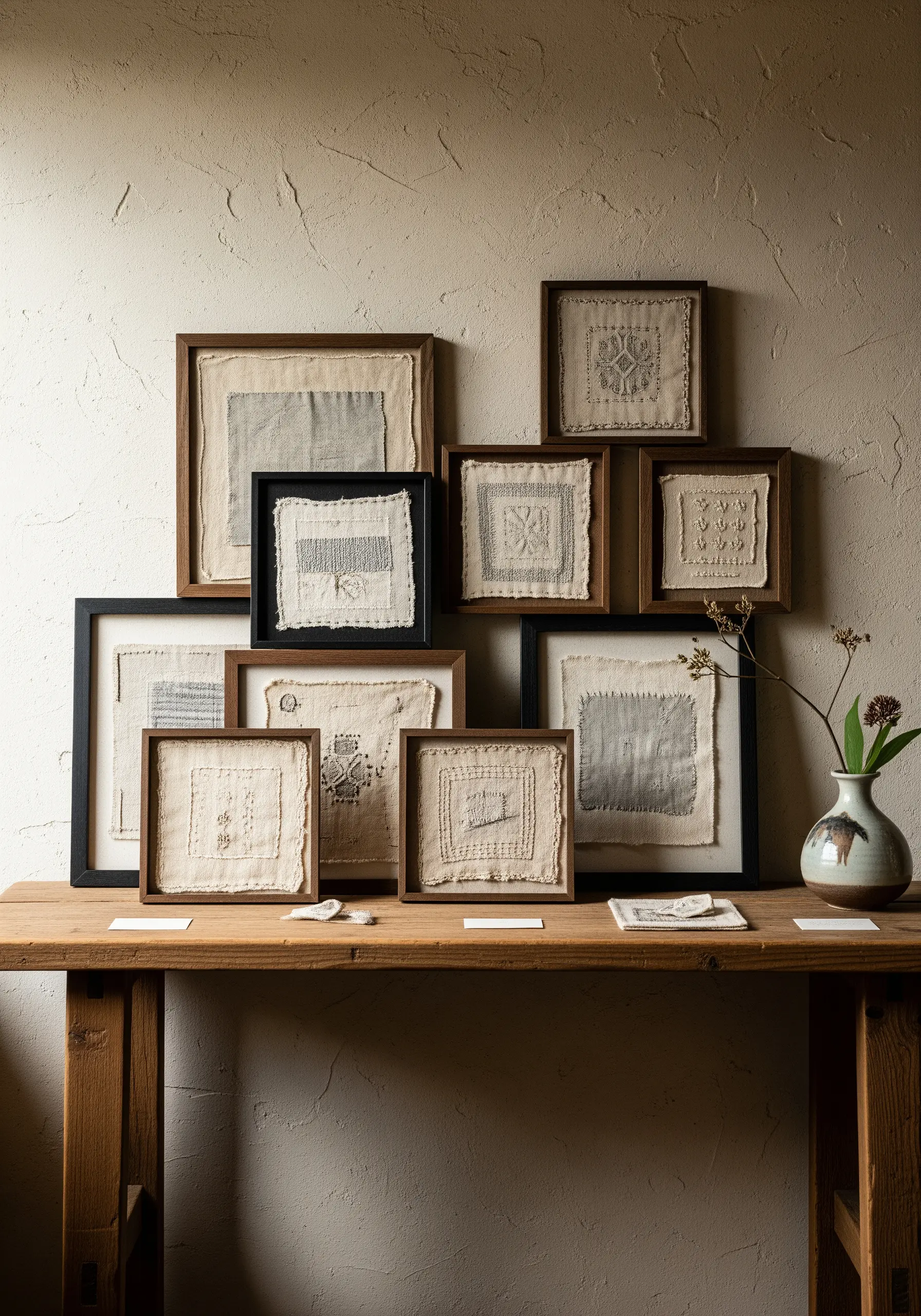 A collection of small, framed embroidery samplers with various stitches on neutral linen.