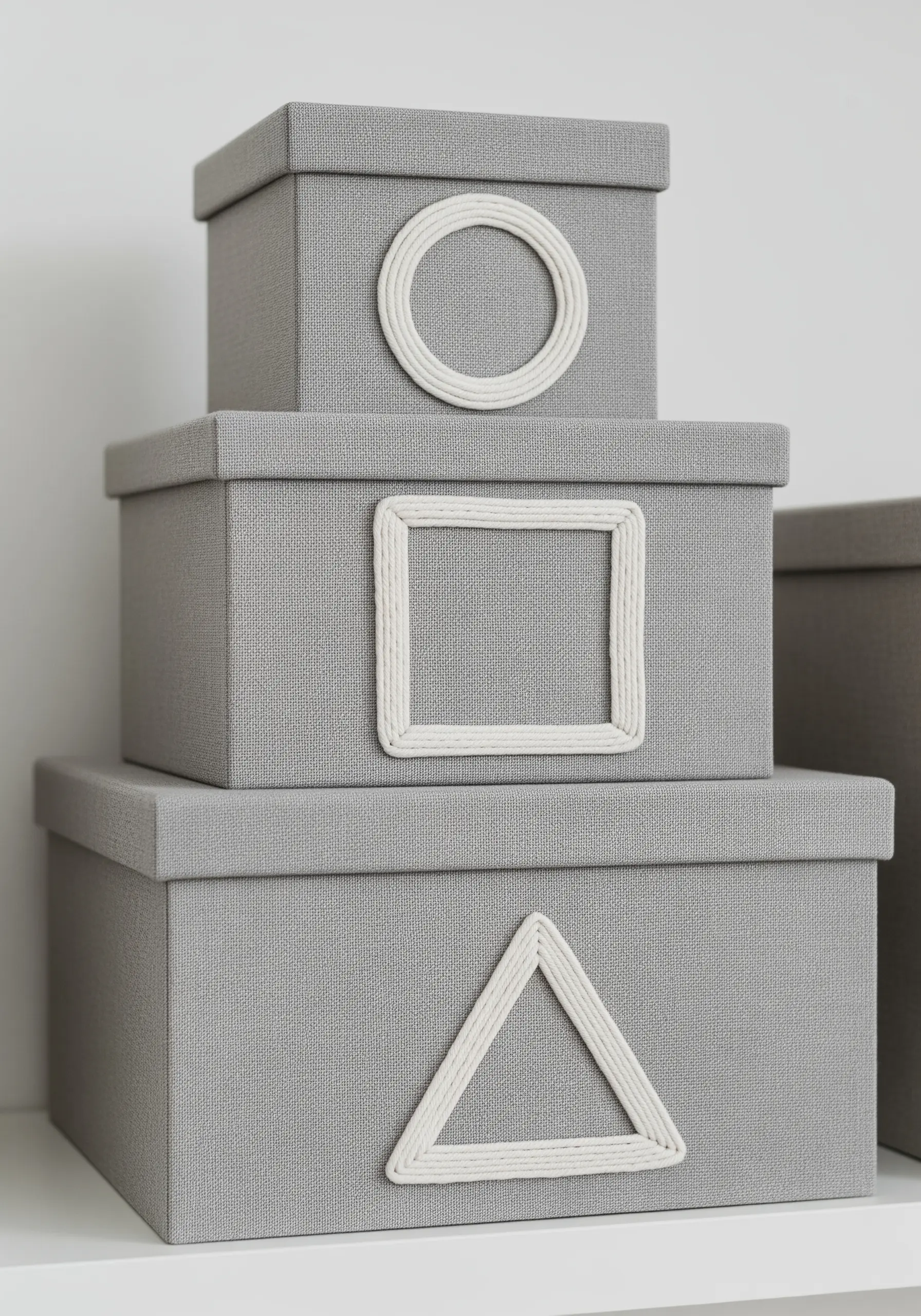 Grey fabric boxes with simple shapes (circle, square, triangle) applied in a white cord