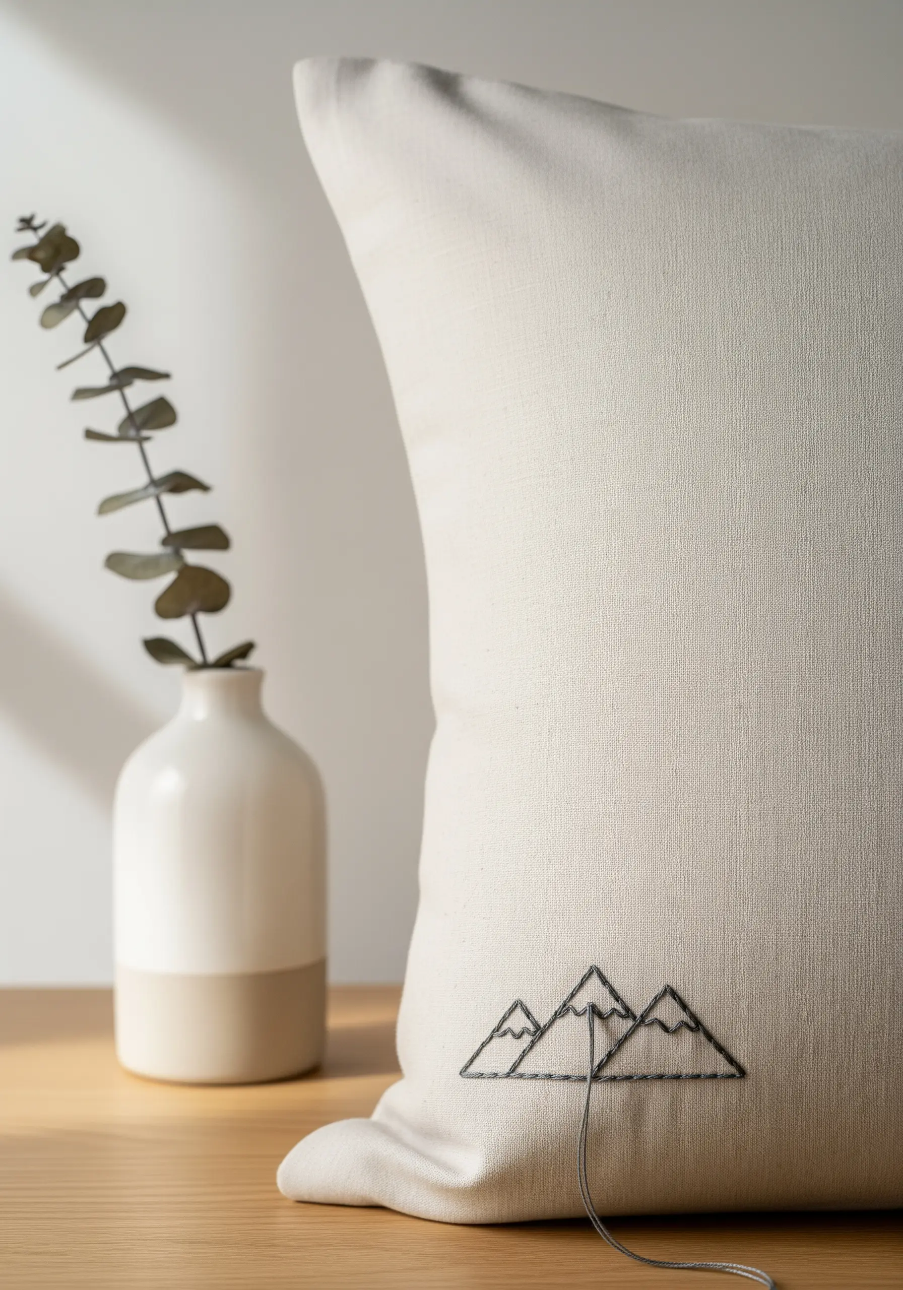 Minimalist mountain range embroidered in dark thread on a neutral linen pillow.