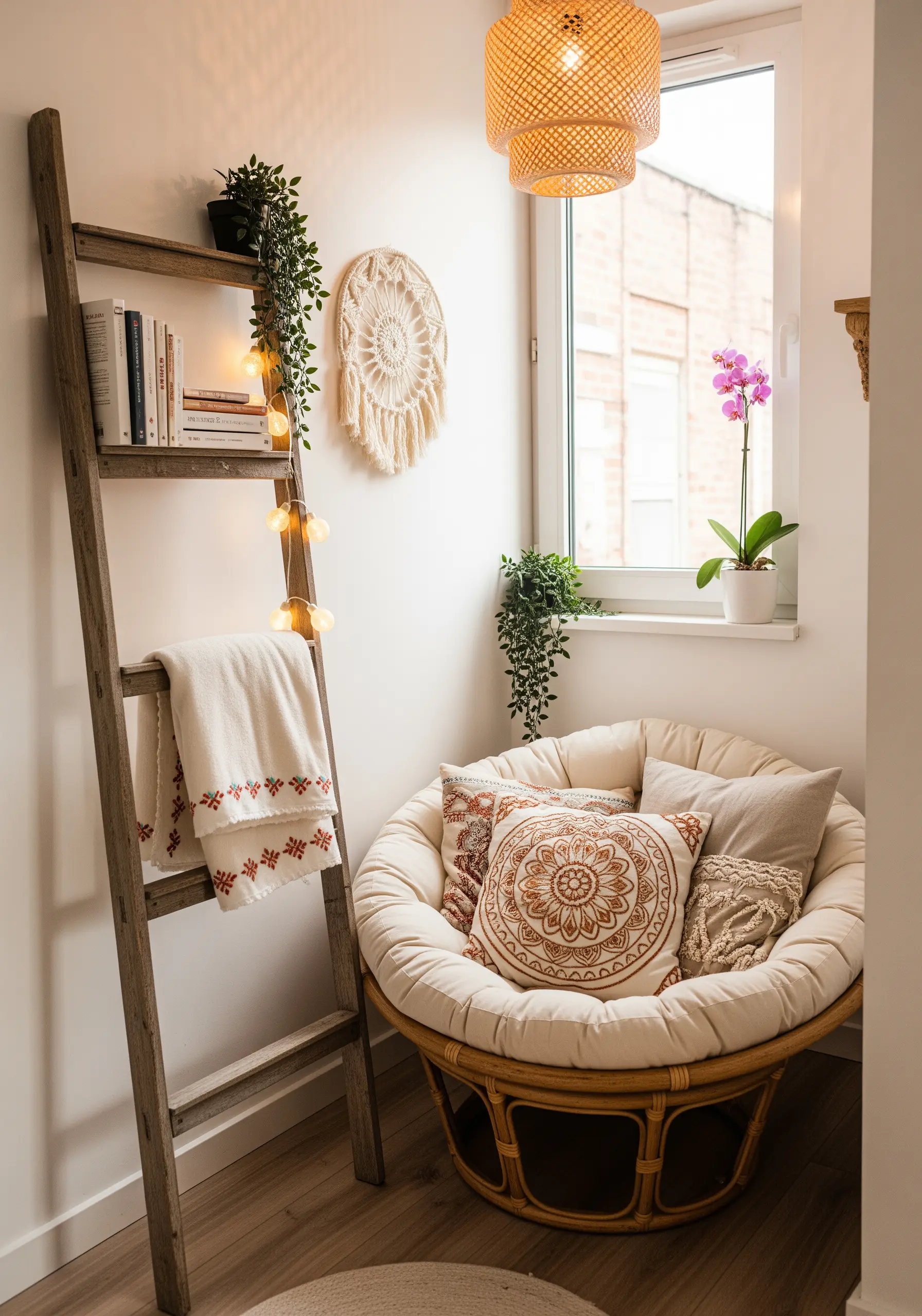A cozy reading nook with a Papasan chair, featuring pillows with boho mandala-style embroidery.