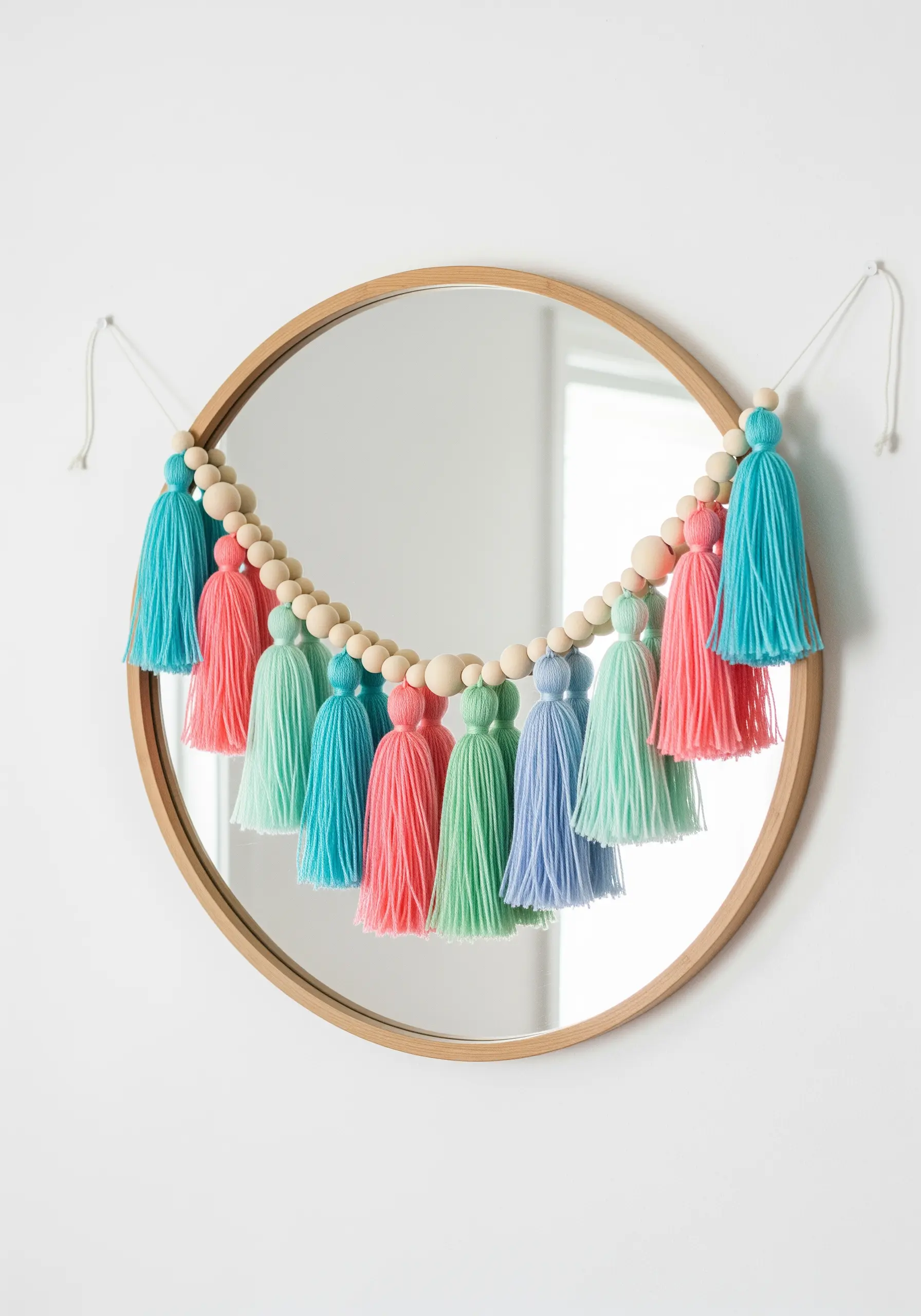 A colorful tassel garland with wooden beads draped over a round mirror.