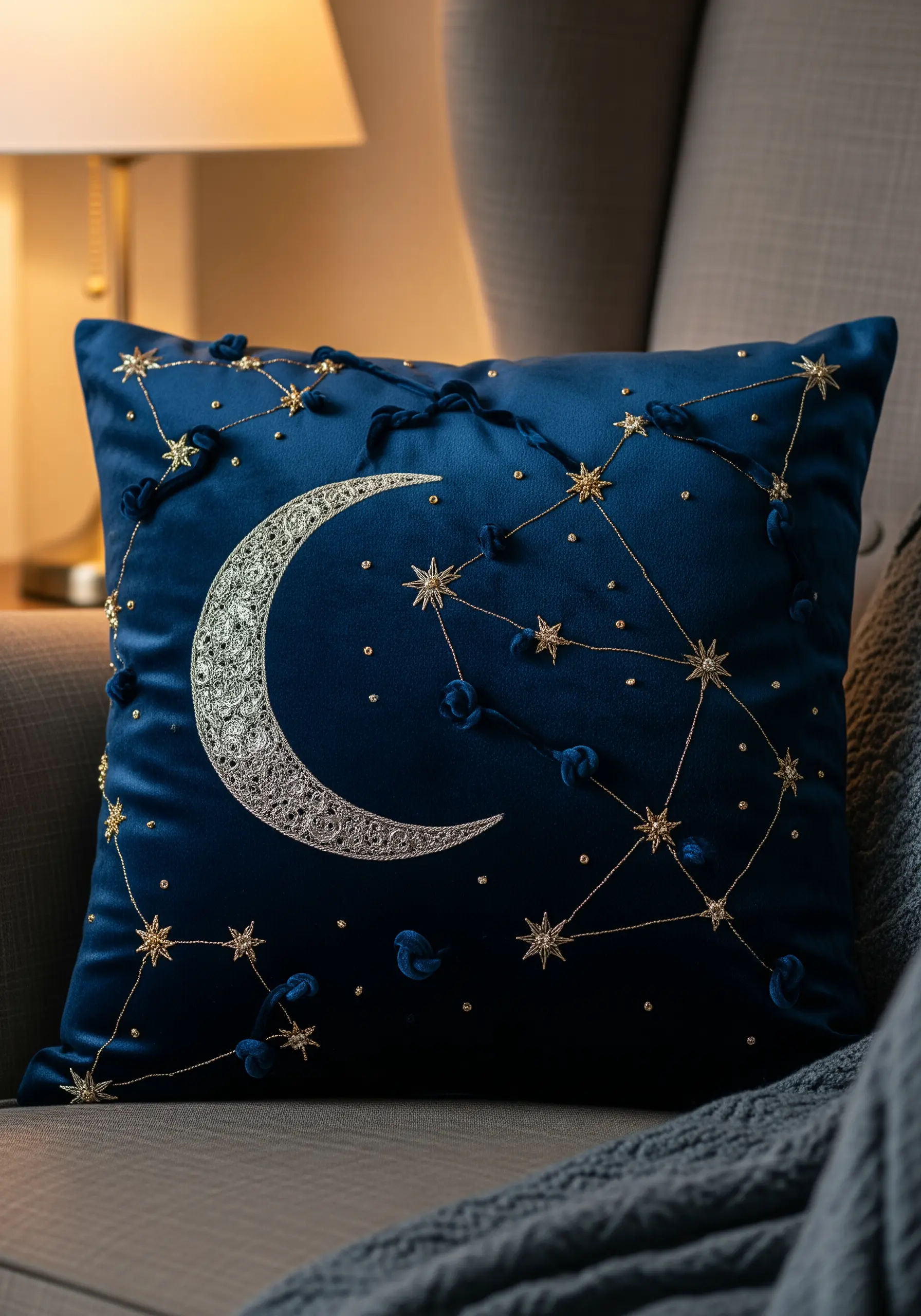 Crescent moon and constellations embroidered on a navy velvet cushion with metallic threads.