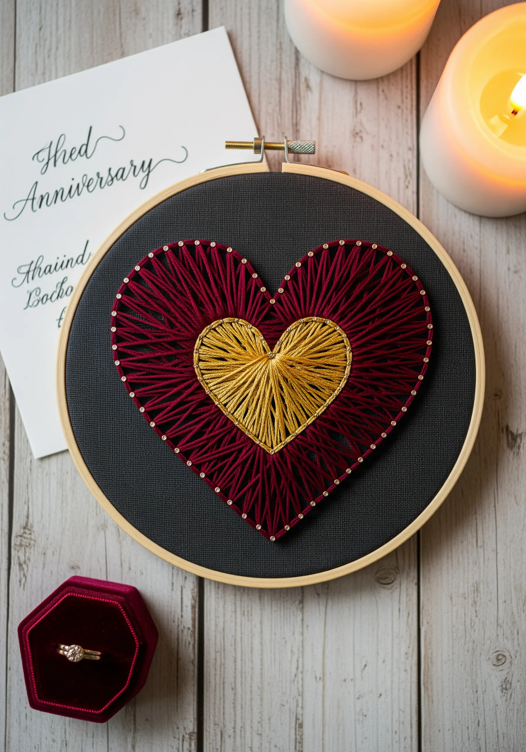 A string art heart with a gold center and deep red outer layer on black fabric.