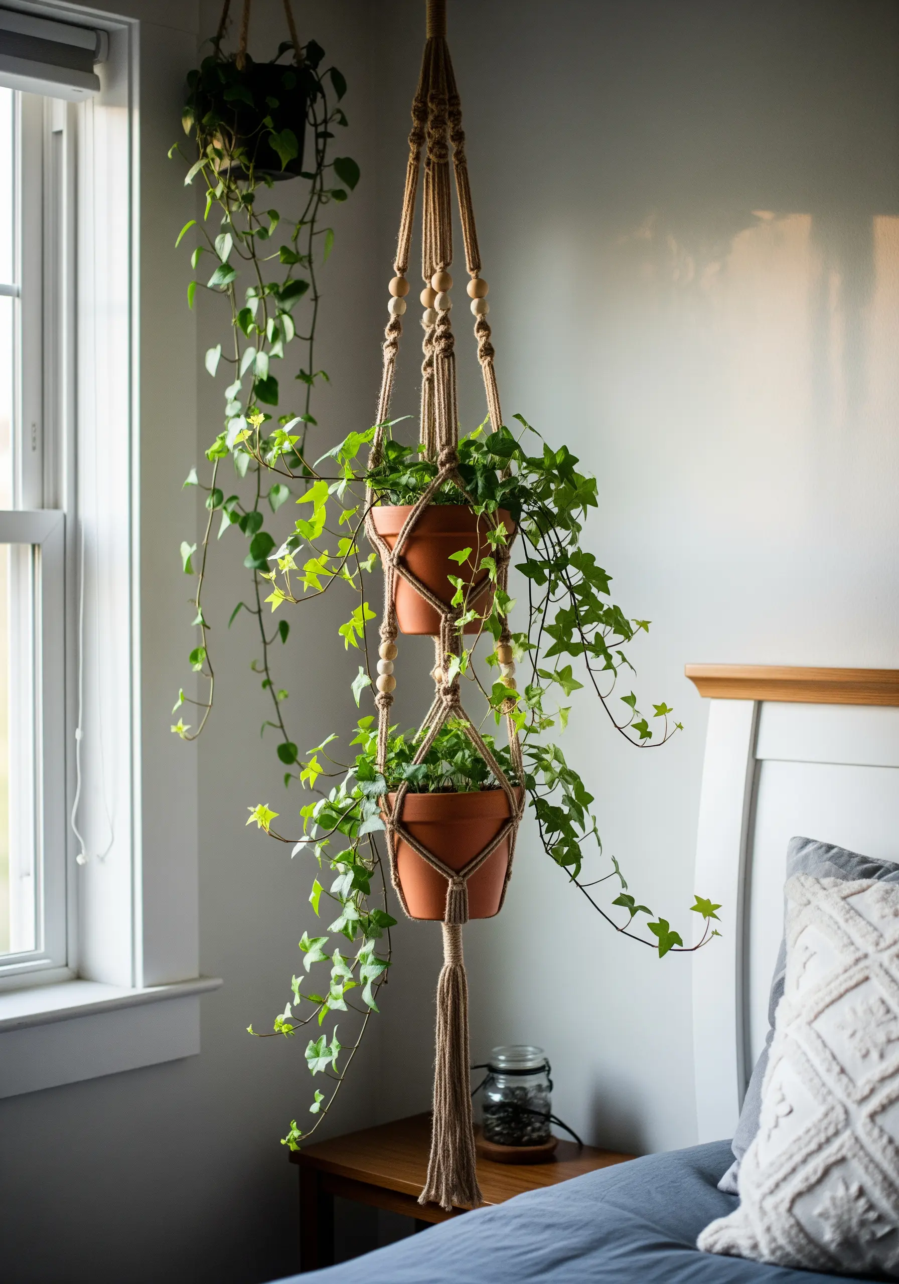 A two-tiered macrame plant hanger holding terracotta pots with trailing ivy near a window.
