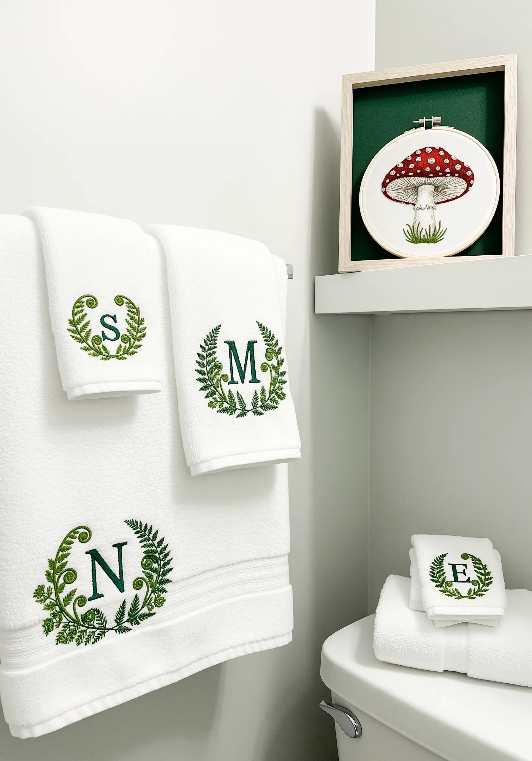 White bathroom towels with embroidered monograms inside lush green fern wreaths.