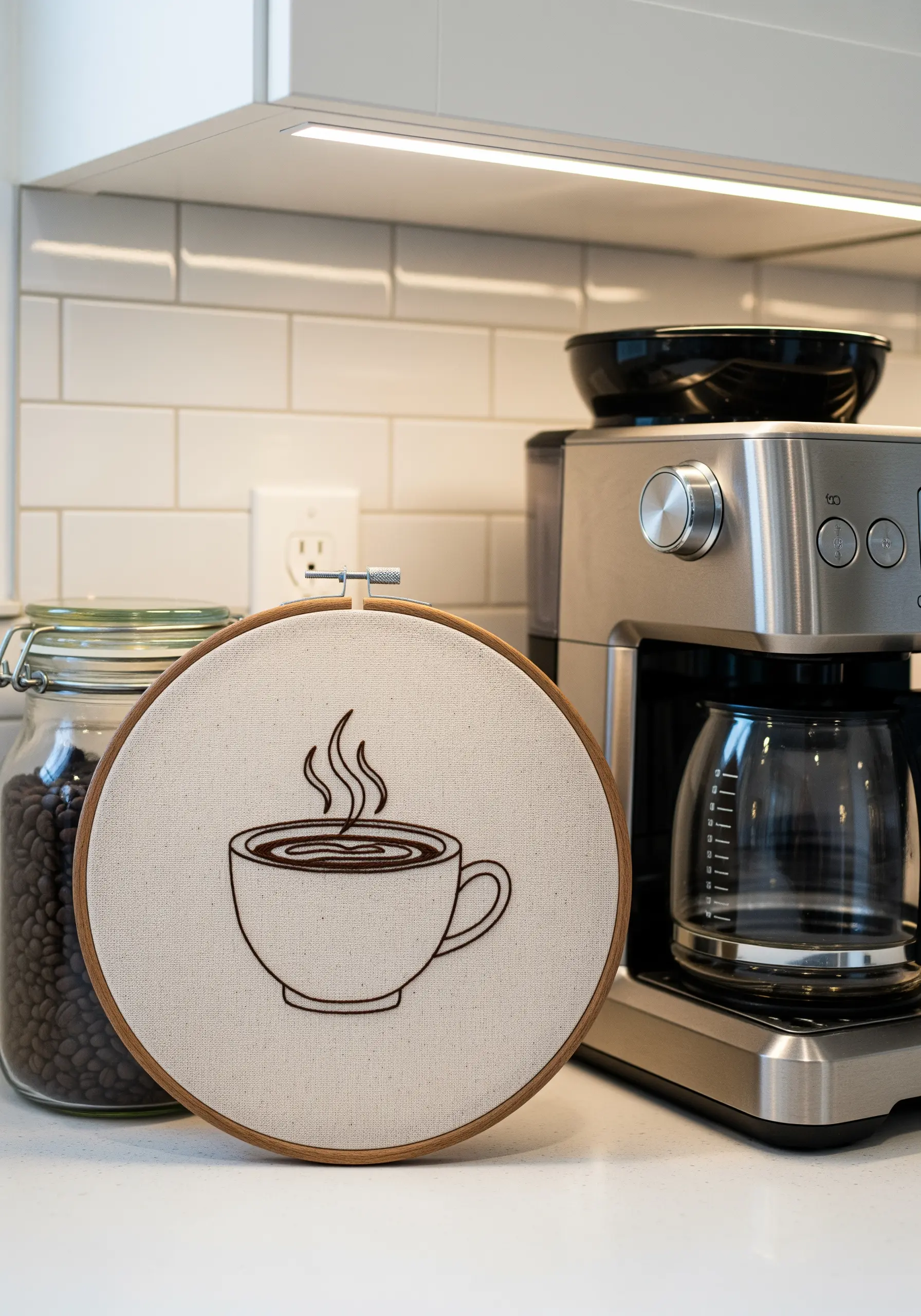 A minimal coffee cup motif outlined with a clean, dark brown stitch.