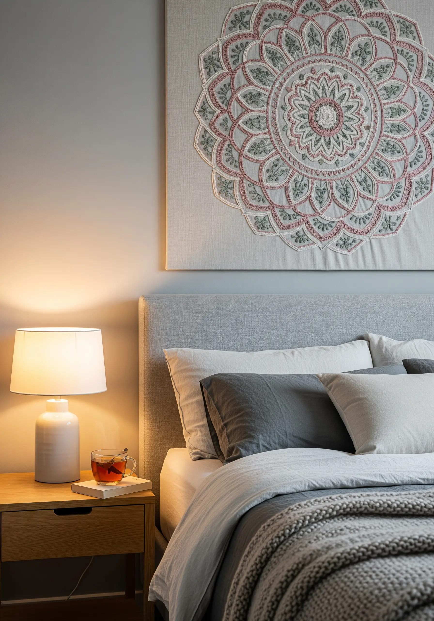 Large-scale embroidered mandala on a stretched canvas above a bed.