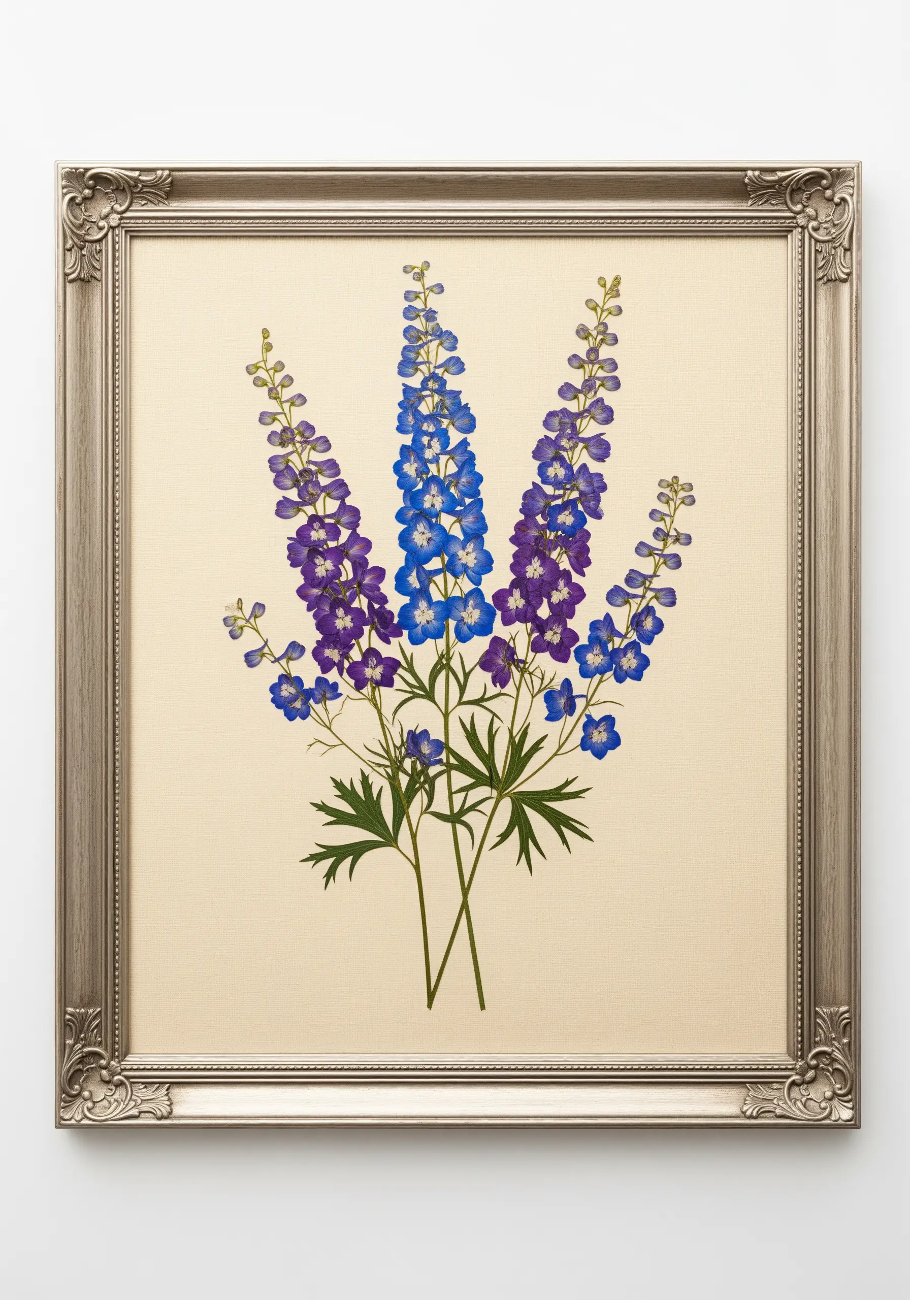 A bouquet of pressed blue and purple delphiniums in an ornate silver frame.