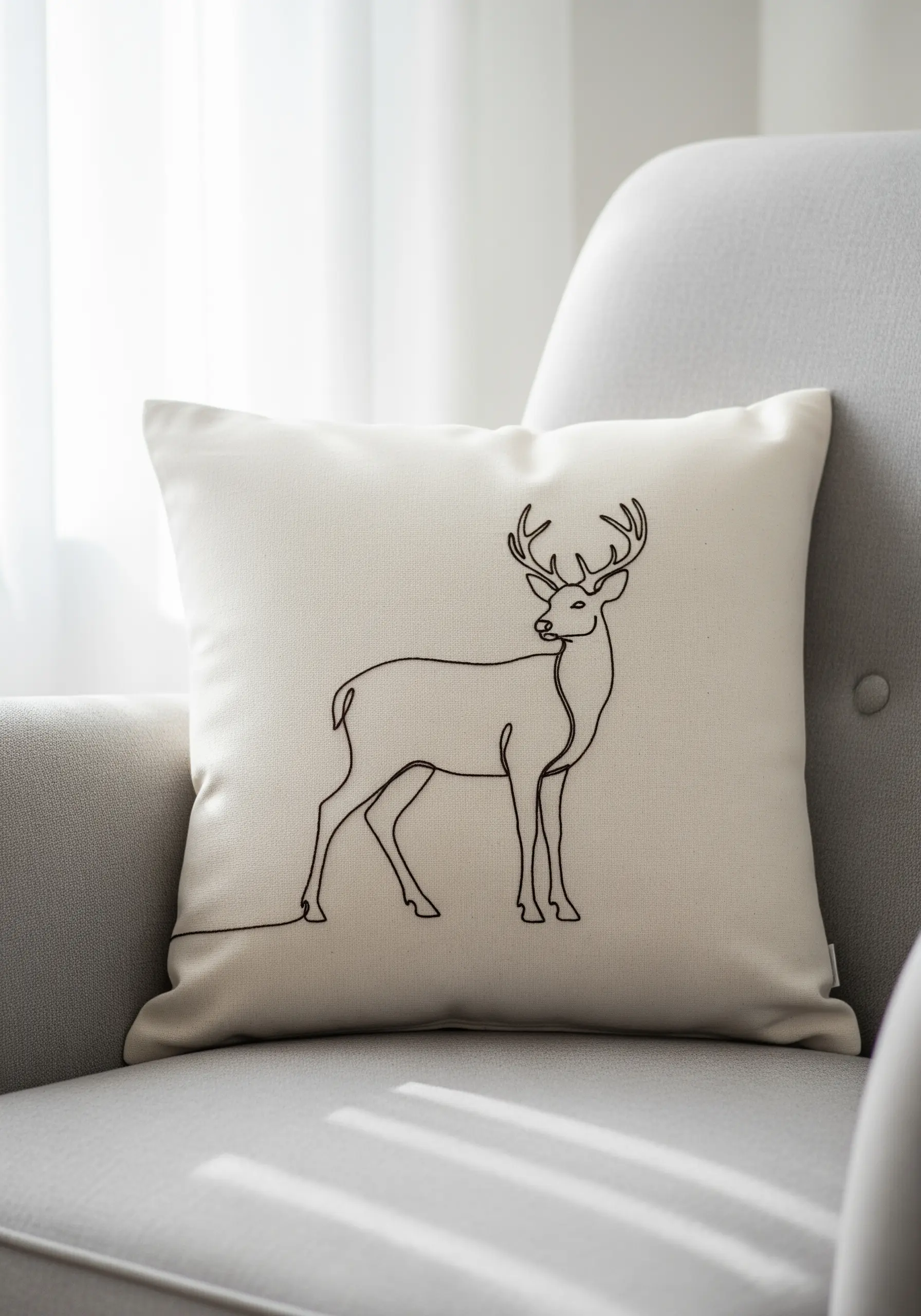 Minimalist single-line art embroidery of a deer on a beige cushion.