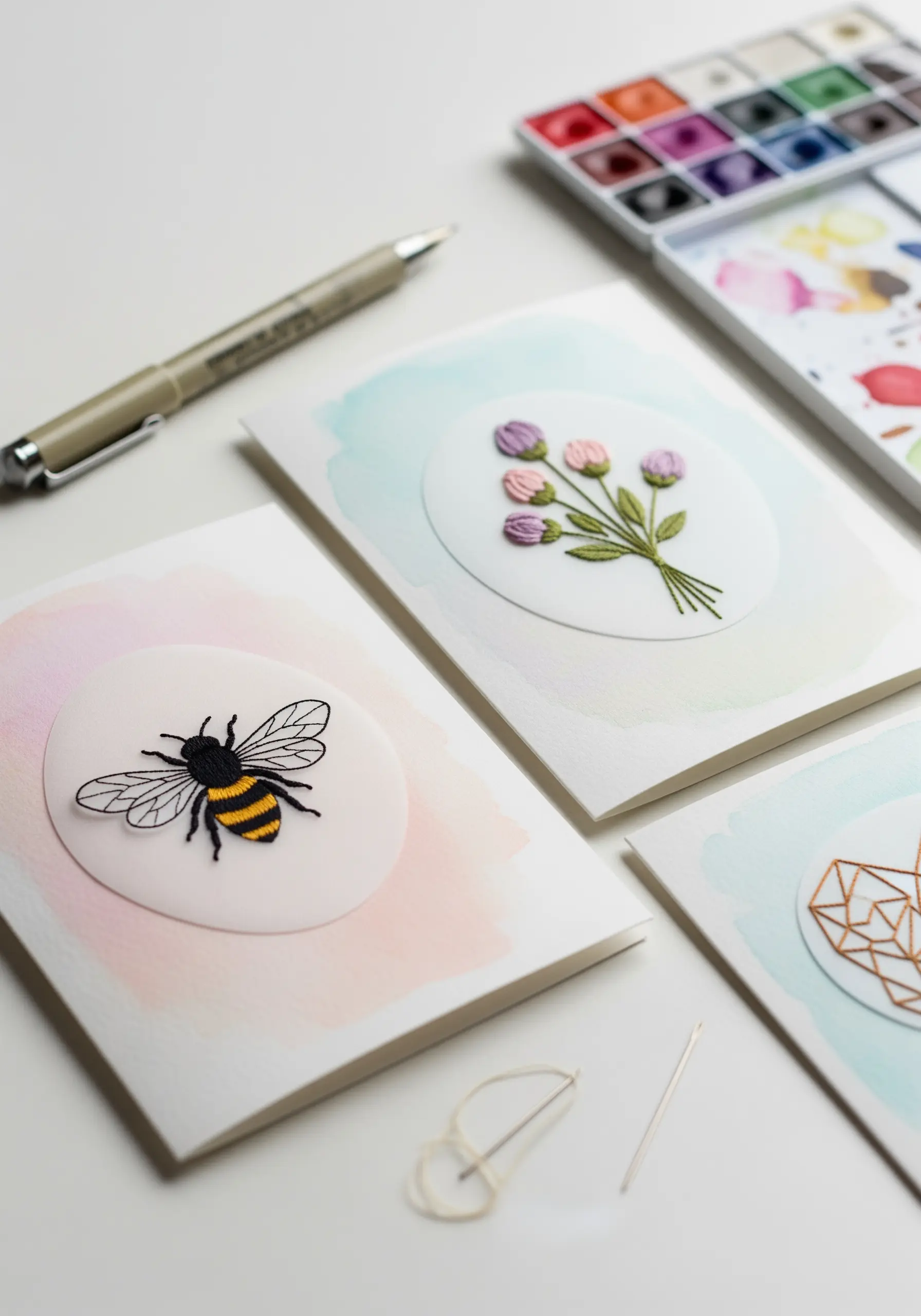 Handmade cards featuring miniature embroidered bee and floral bouquet motifs on watercolor paper.