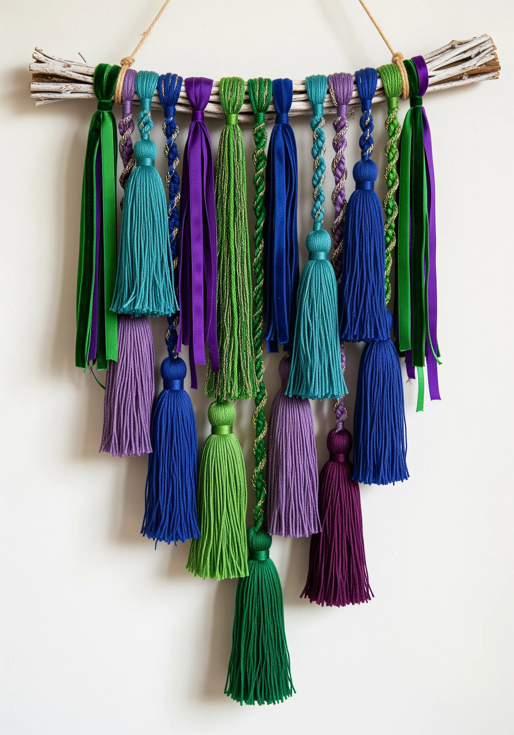 Colorful yarn and ribbon tassels in jewel tones hanging from a painted white branch.