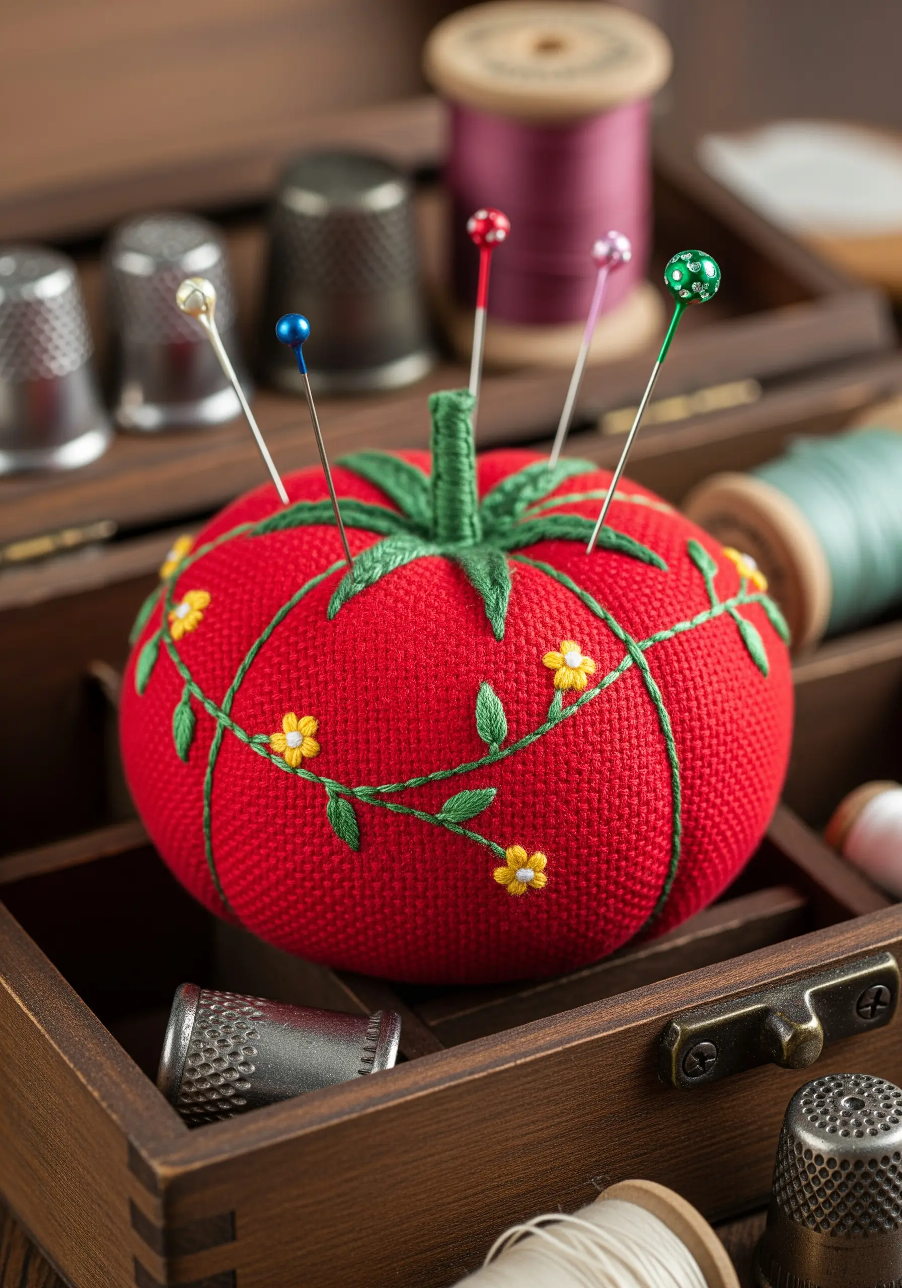 A classic red tomato pincushion decorated with an embroidered vine and tiny flowers.