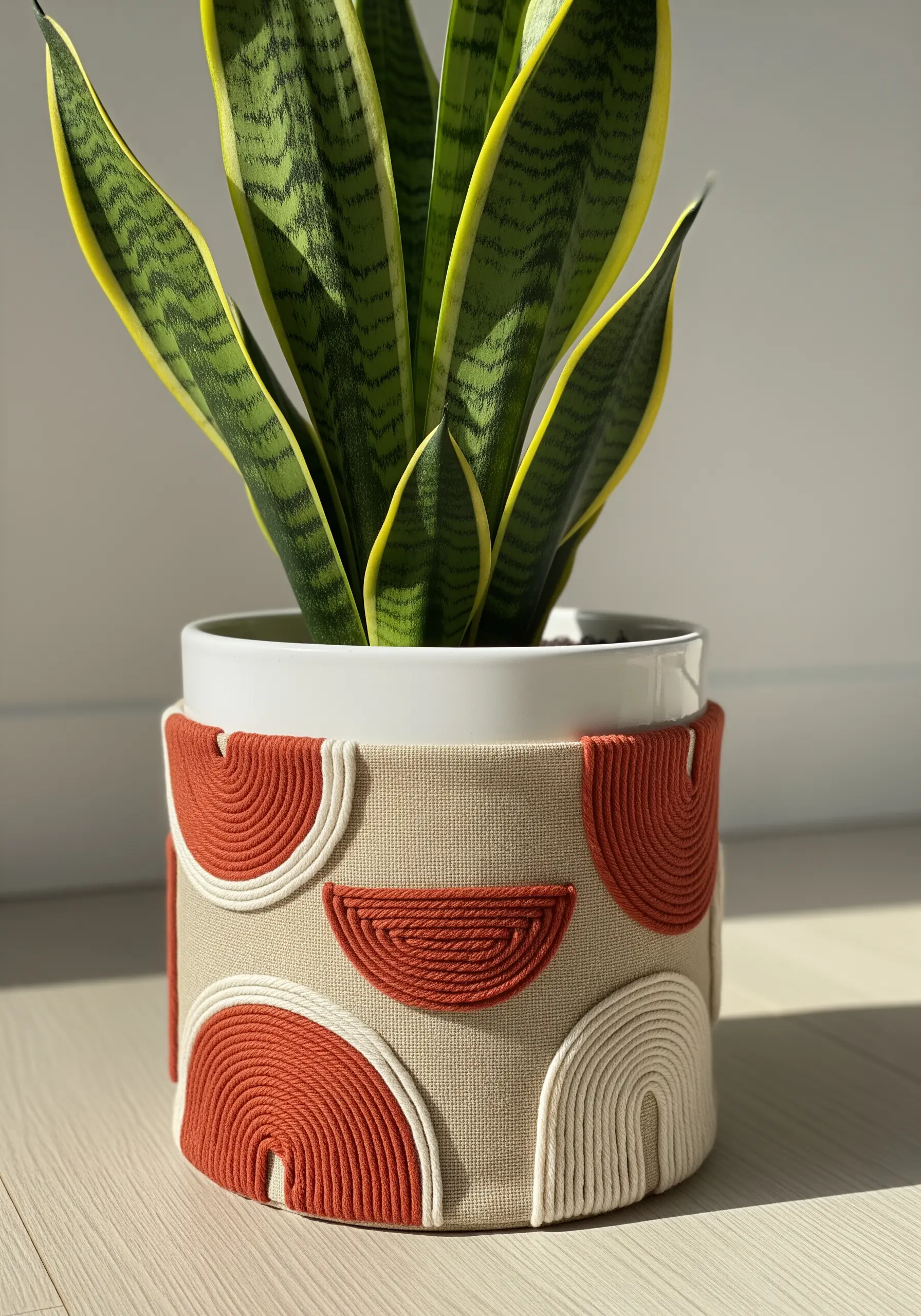 A fabric-covered plant pot embellished with wrapped orange and white cord in geometric arc patterns.
