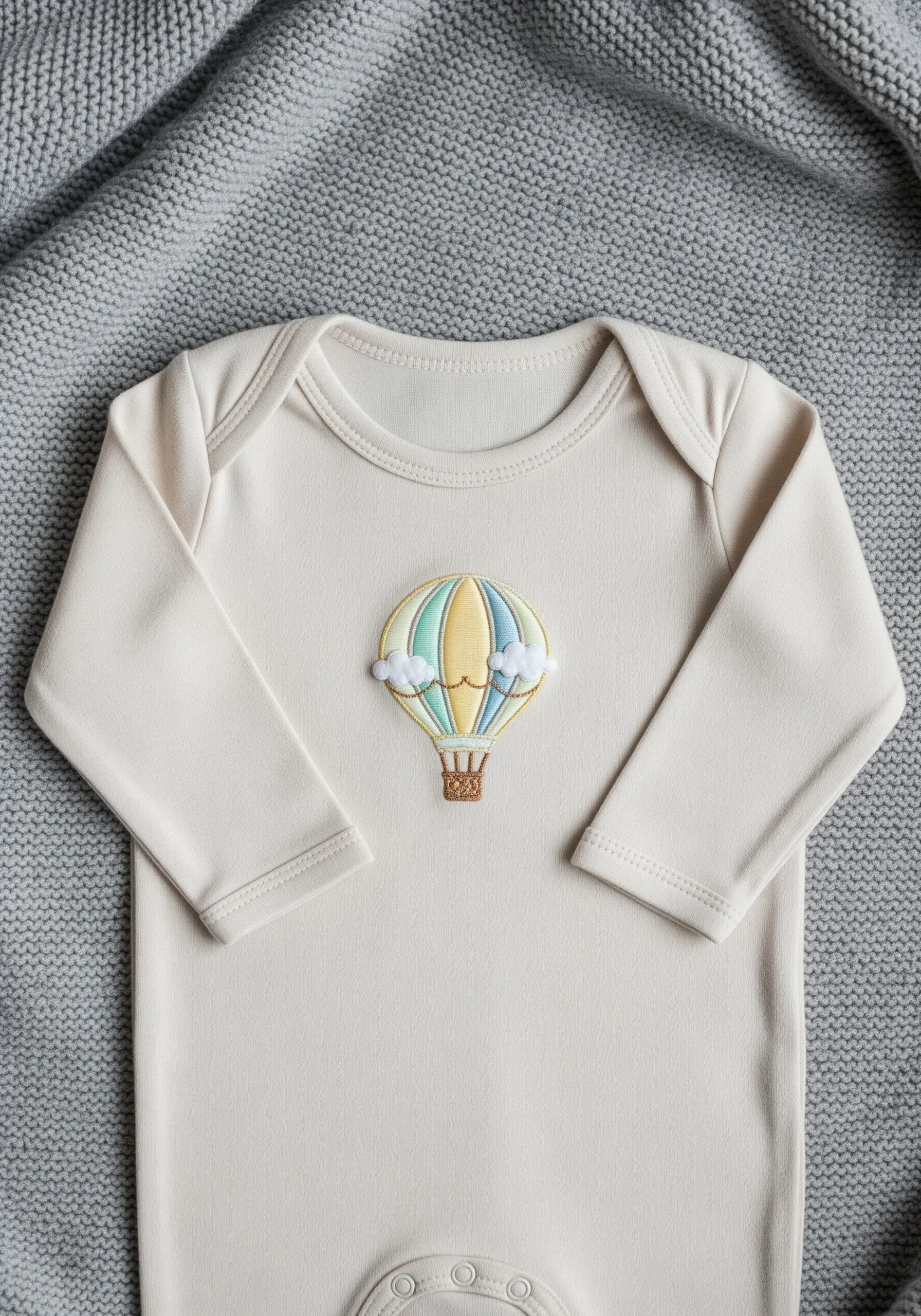 A soft pastel hot air balloon with puffy clouds embroidered on the chest of a cream baby onesie.