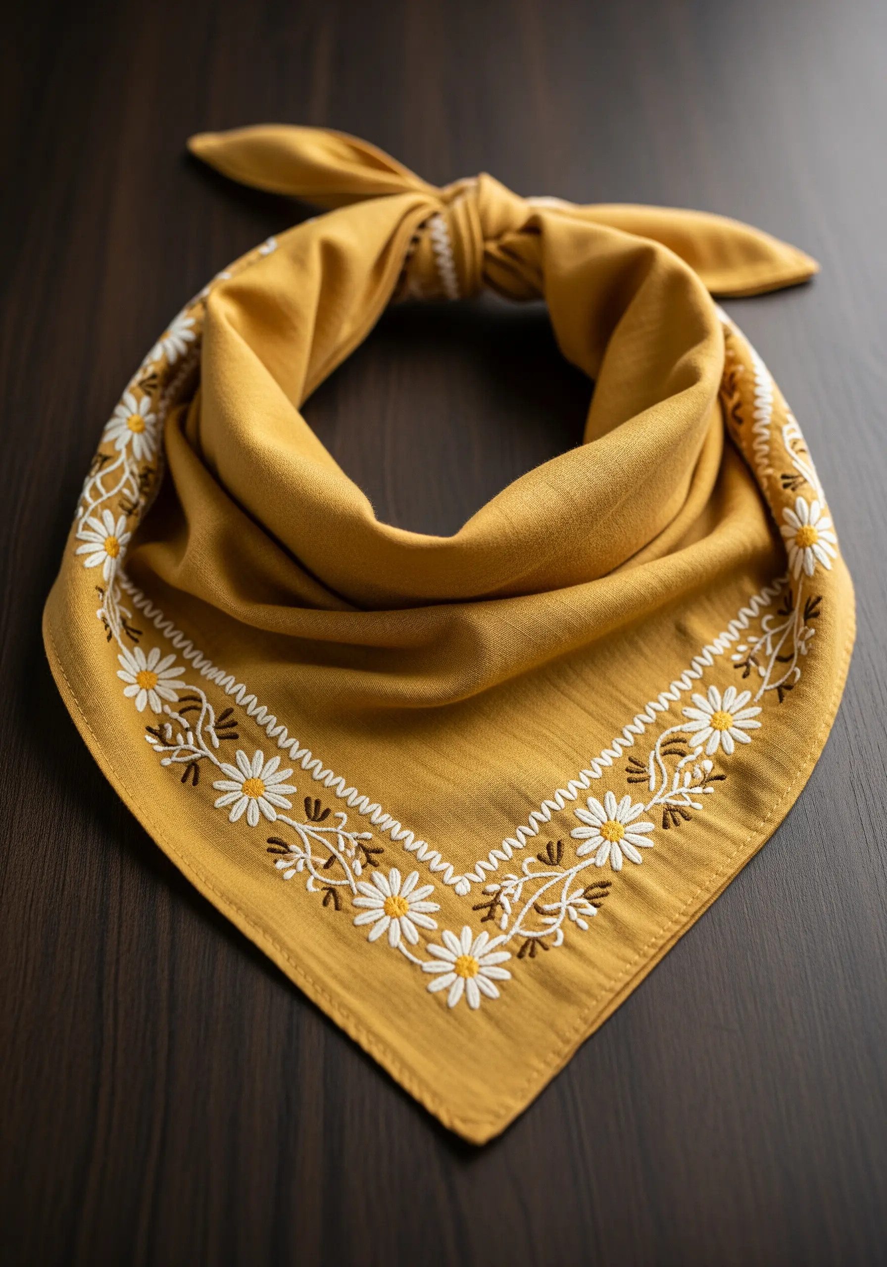 A mustard-yellow bandana with a hand-embroidered border of white daisies and delicate vines.