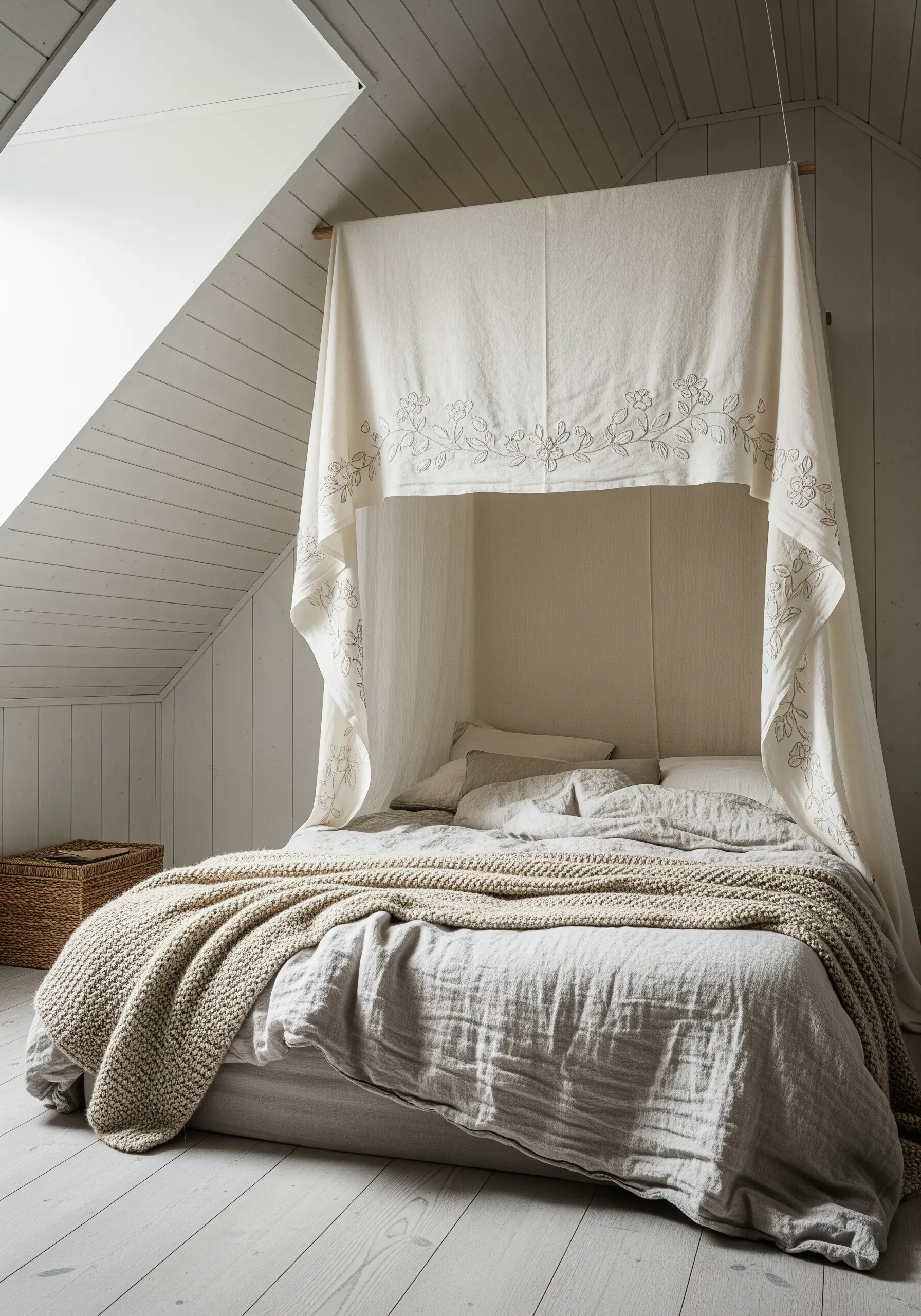 A light-colored bed canopy with a delicate, tone-on-tone floral embroidered border.