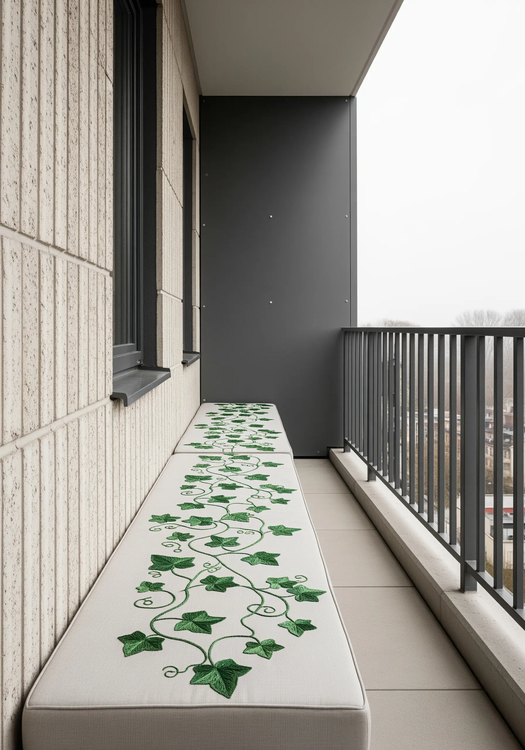 A long outdoor bench cushion featuring an embroidered green ivy vine trailing its length.