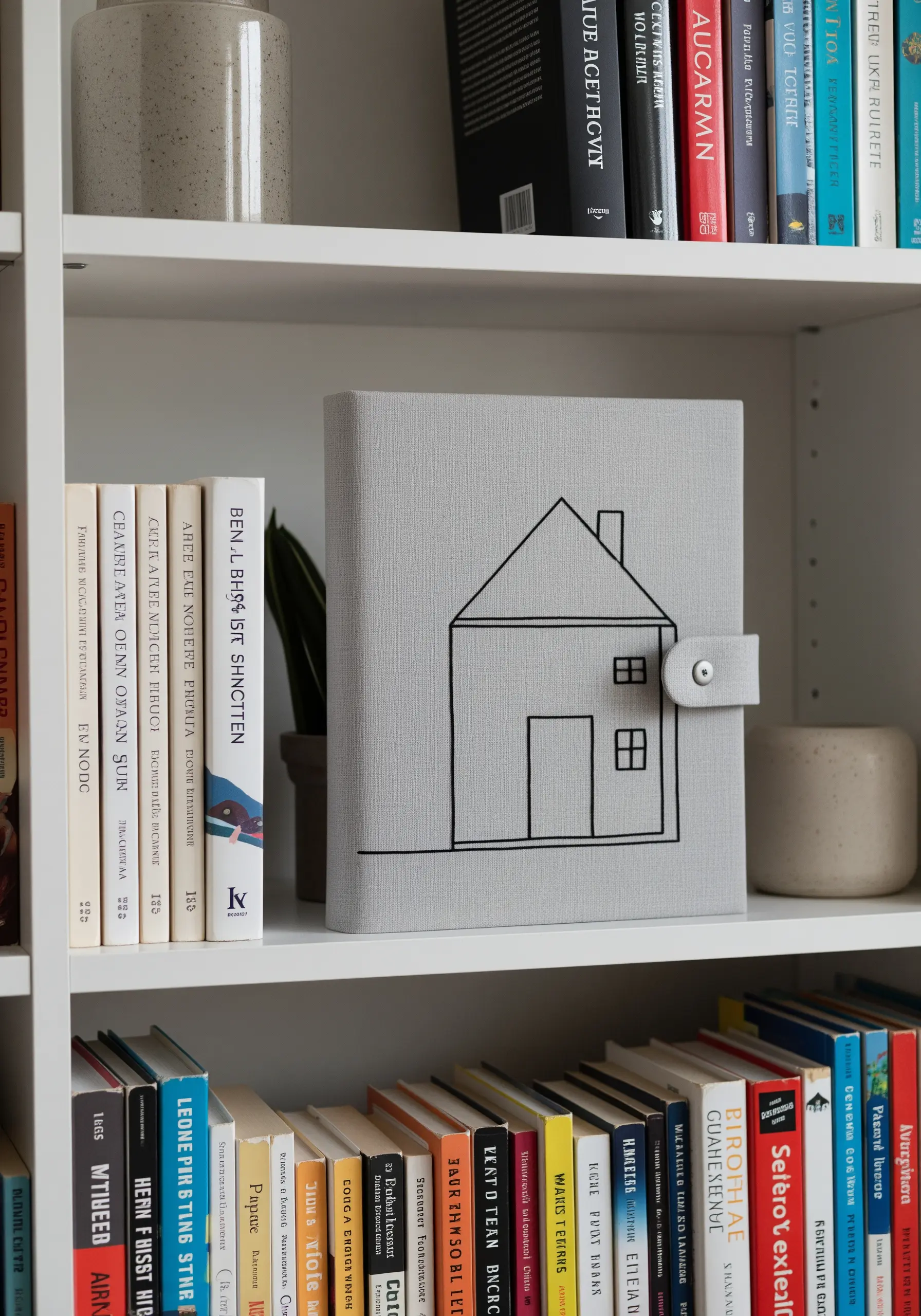 A grey fabric binder embroidered with a simple line-art drawing of a house.