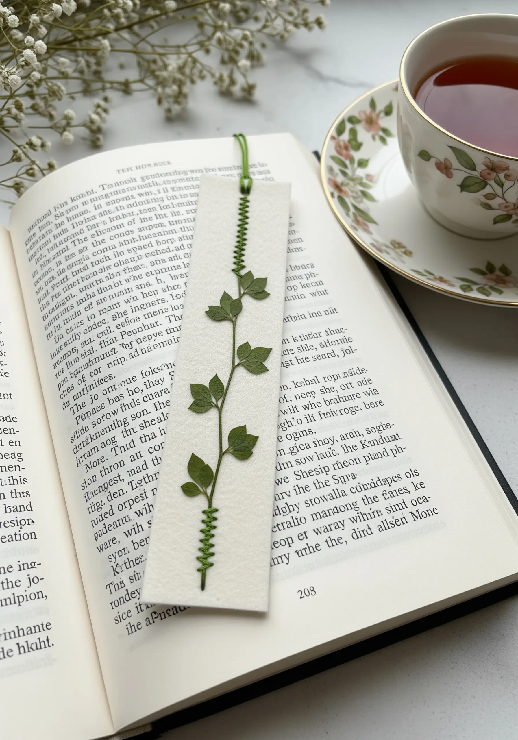 A pressed leafy vine stitched onto a paper bookmark with green thread.