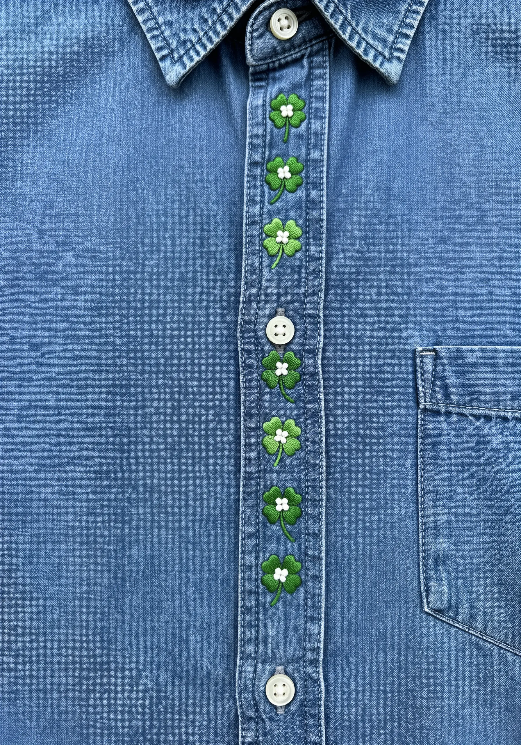 Small green shamrocks with tiny white flowers stitched down the button placket of a denim shirt.
