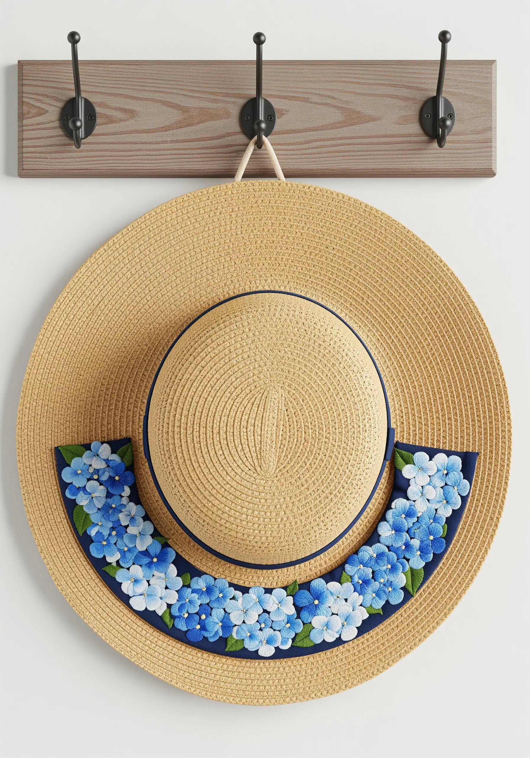 A straw sun hat with a navy band embroidered with a gradient of blue hydrangeas.