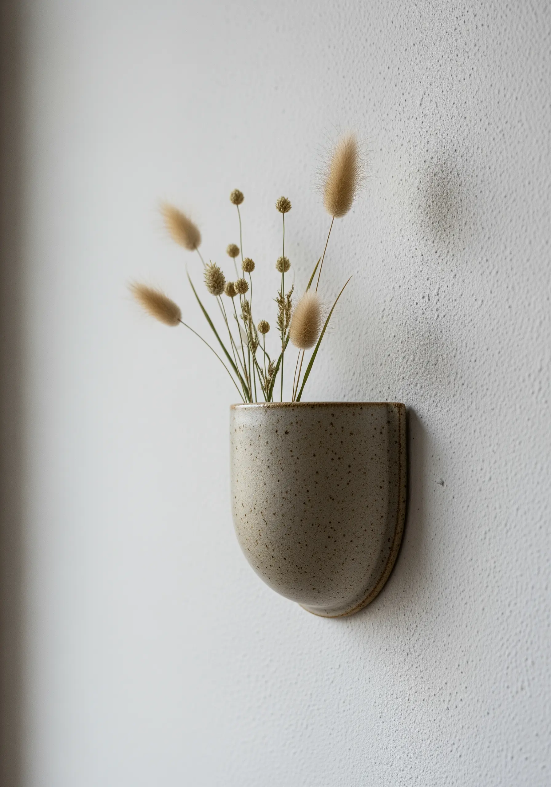 A speckled ceramic wall-mounted pocket vase holding dried bunny tail grass.