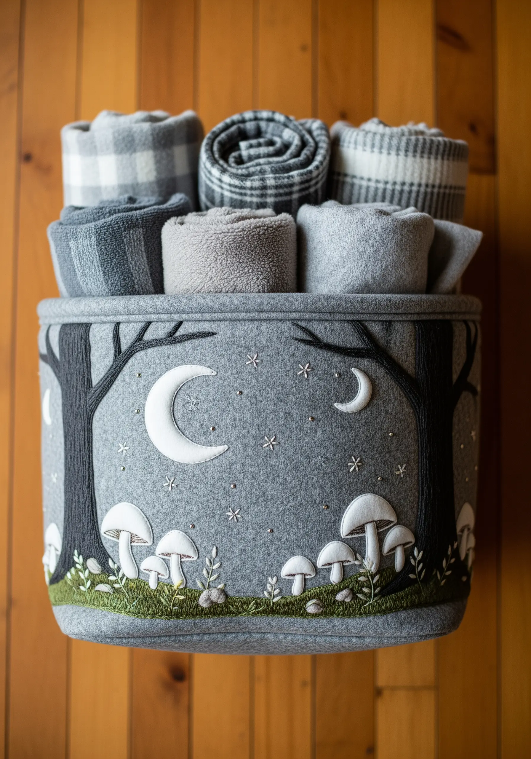 Gray felt storage basket decorated with an embroidered and appliquéd nighttime forest scene.