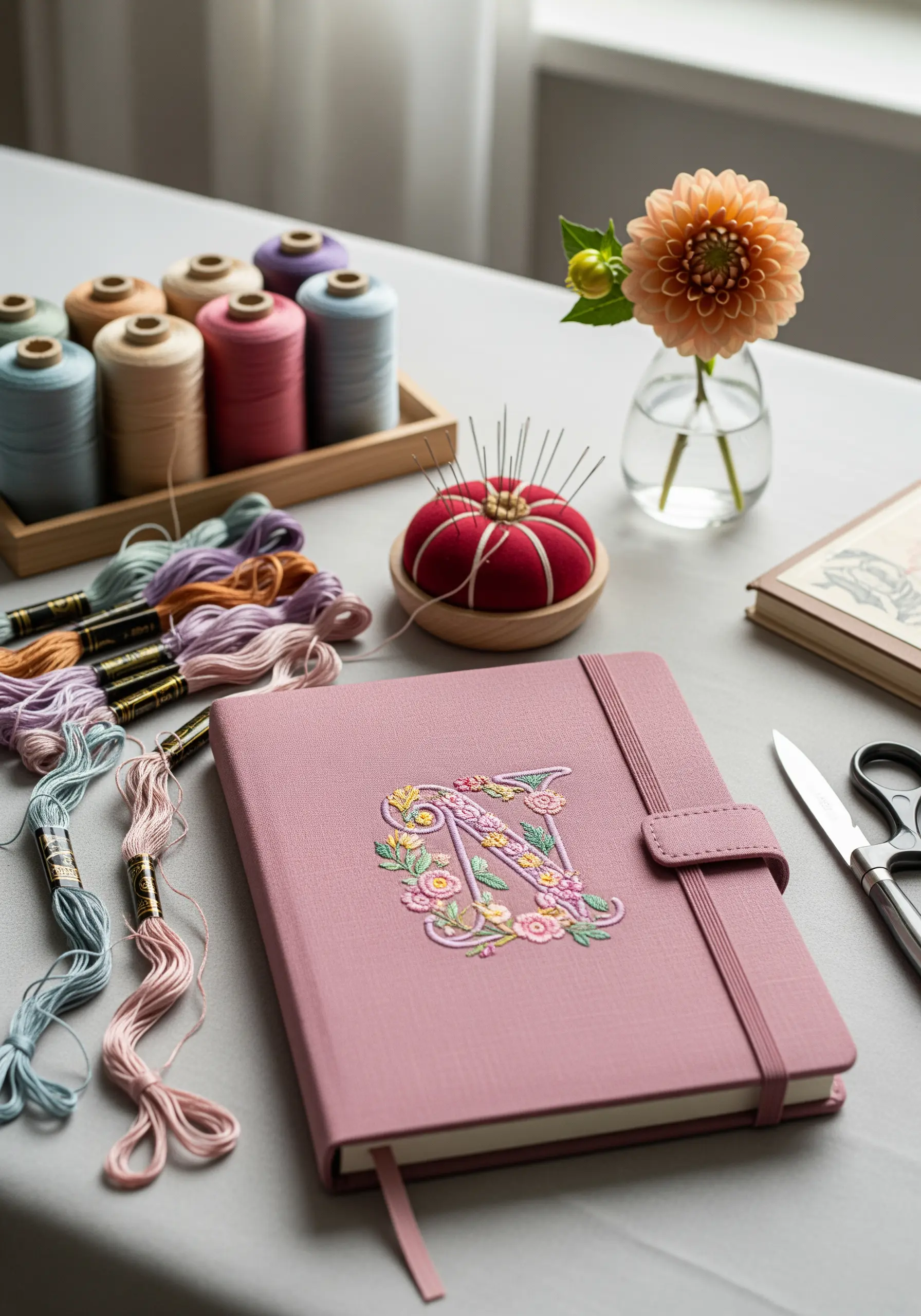 An ornate floral letter 'N' embroidered on the pink cover of a journal