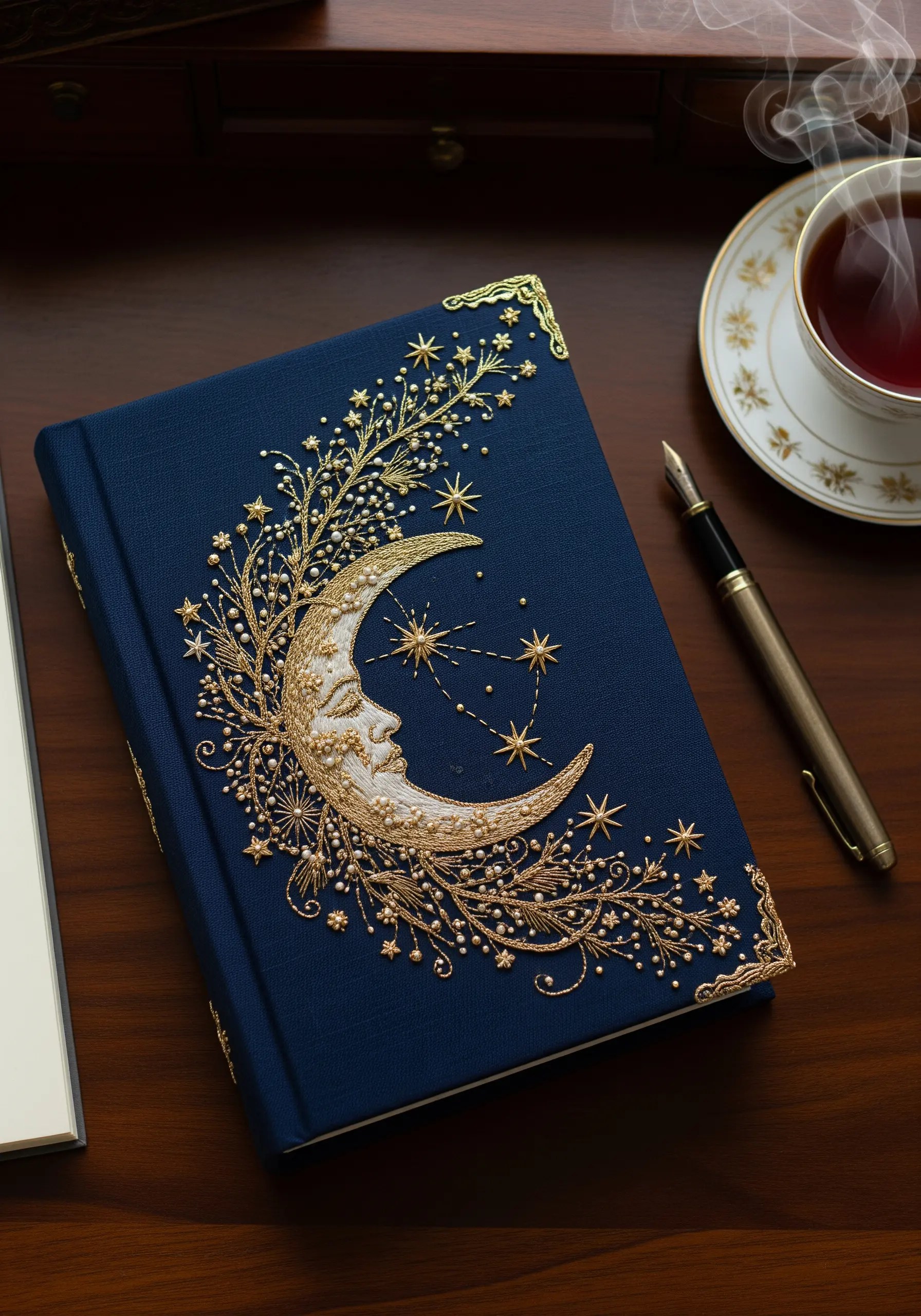 Ornate embroidered book cover with a raised goldwork moon and stars.