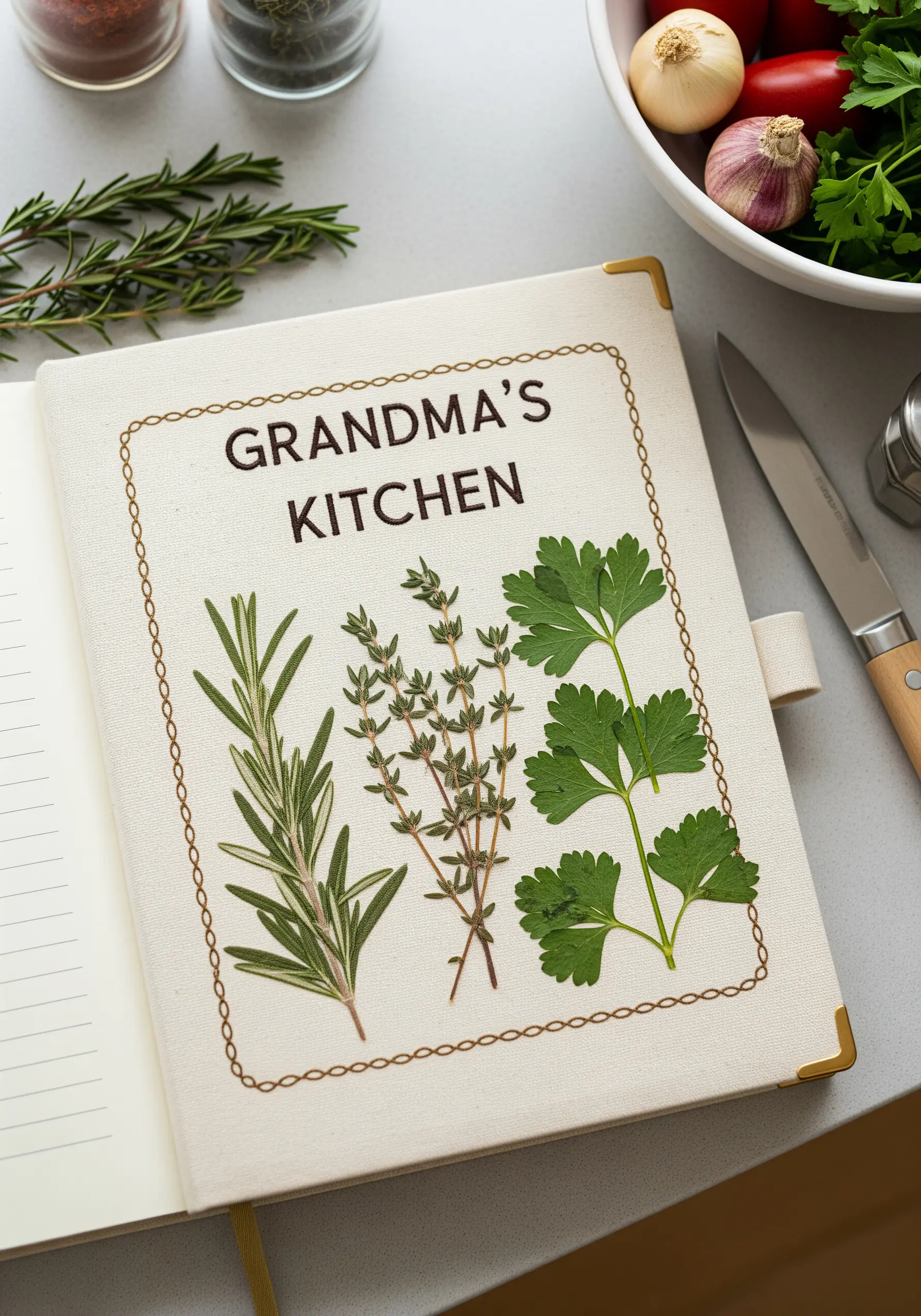 A fabric recipe journal with pressed herbs and an embroidered border.