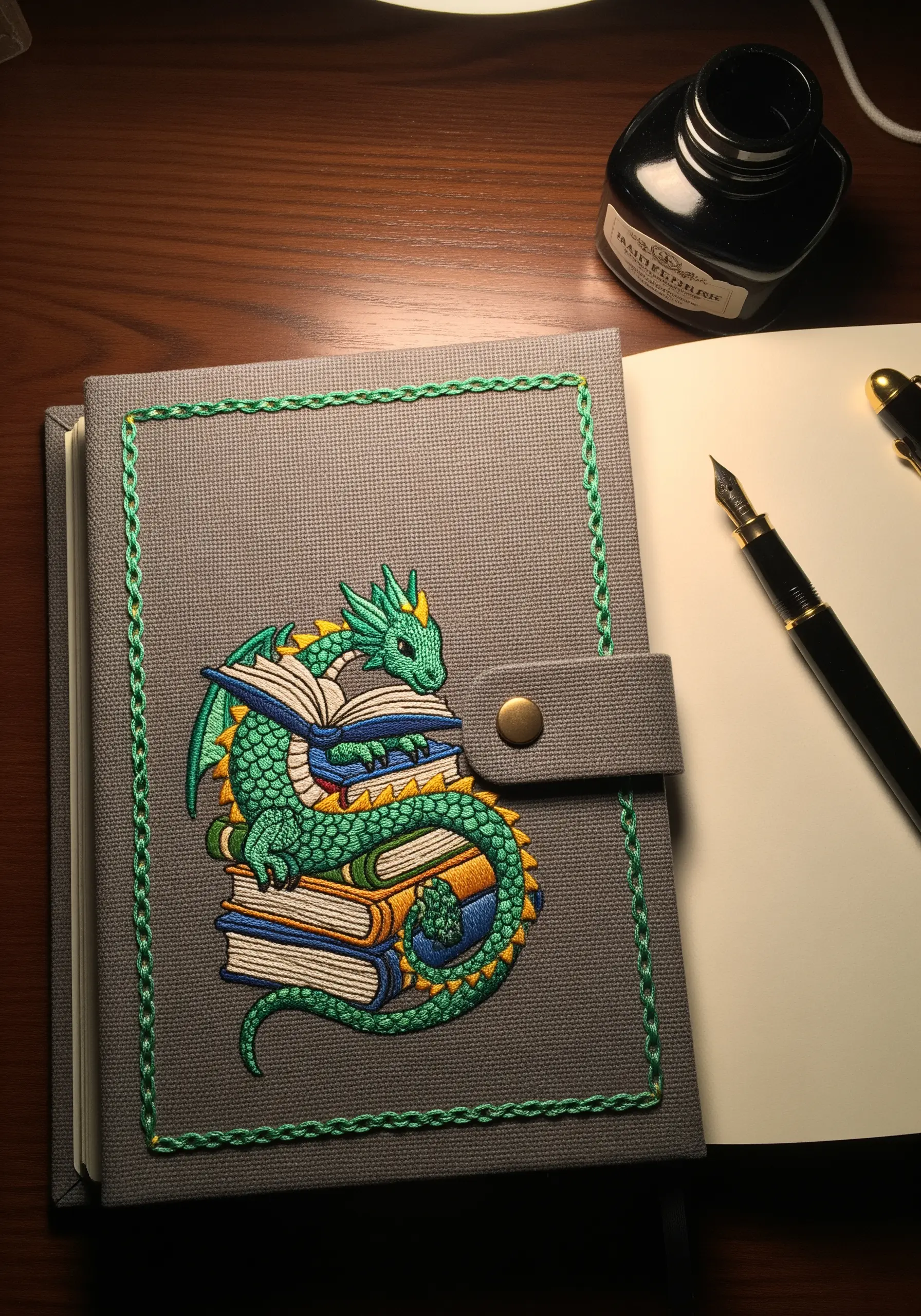 A gray fabric journal featuring a colorful embroidered dragon reading a stack of books.