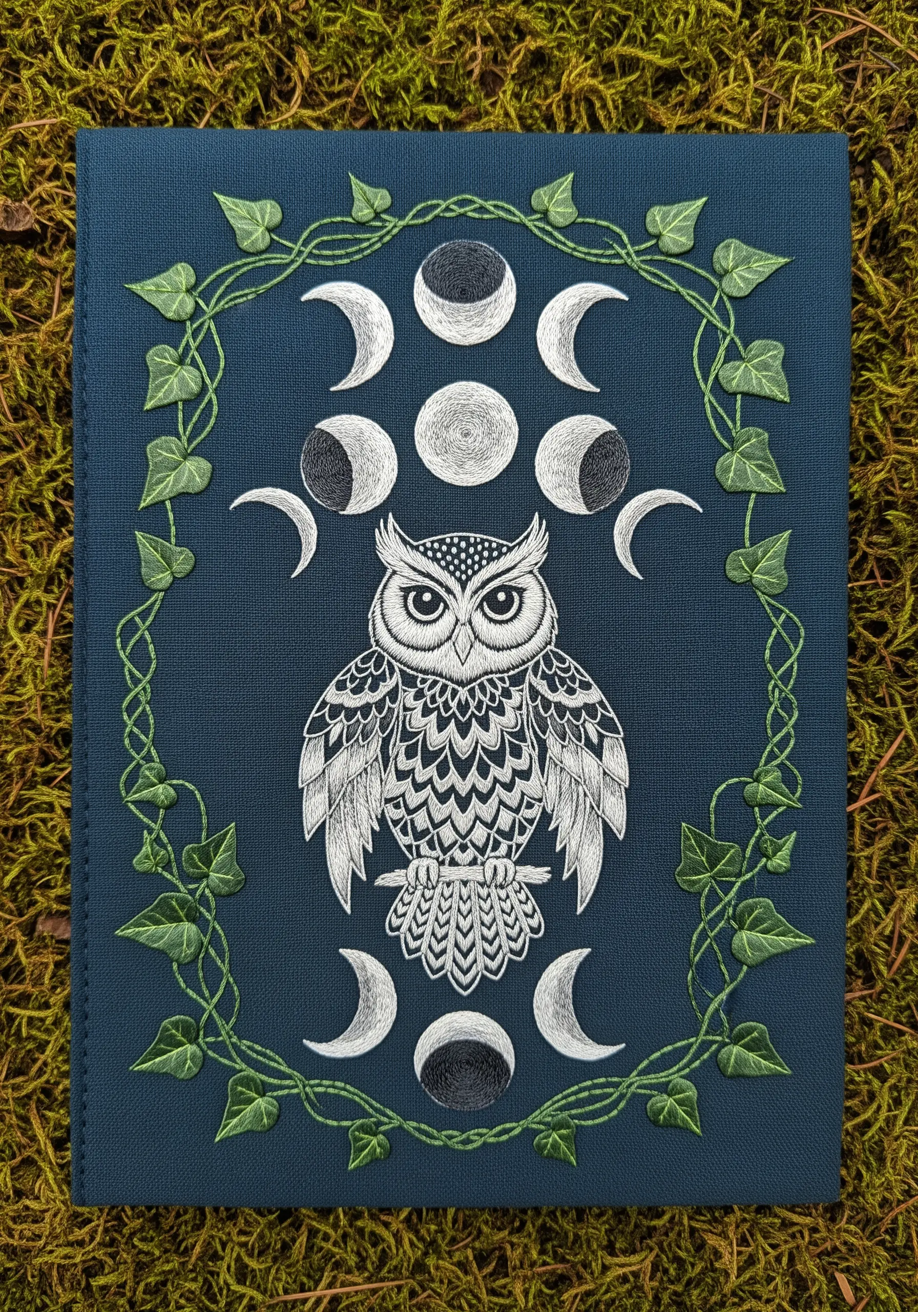 An embroidered journal cover featuring an owl surrounded by the phases of the moon and ivy vines.