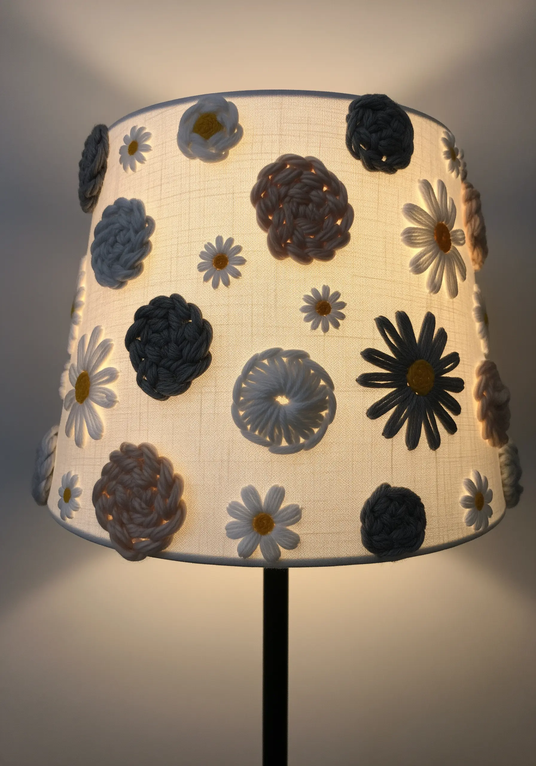 A lampshade illuminated from within, decorated with an array of 3D yarn flowers in various colors.