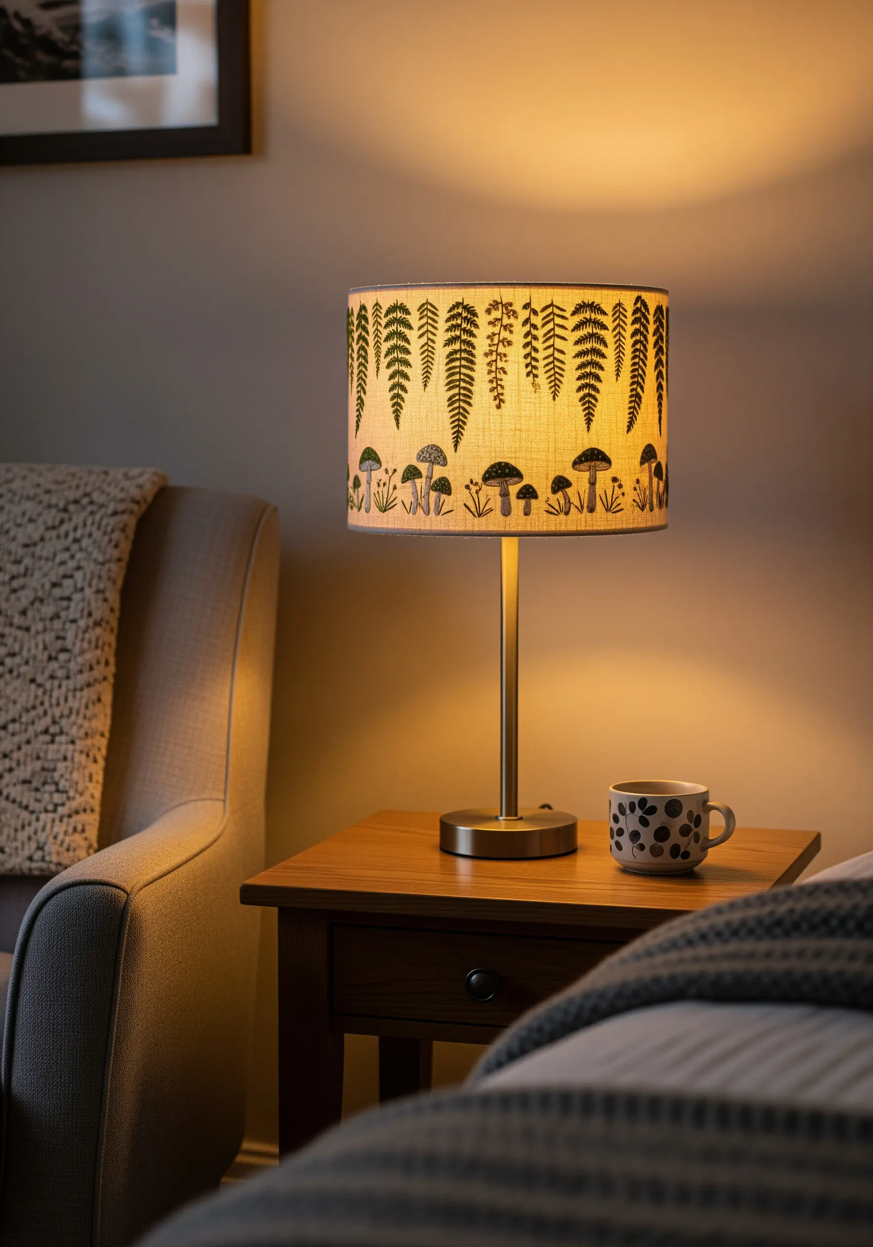 A linen drum lampshade embroidered with a border of delicate fern and mushroom silhouettes.