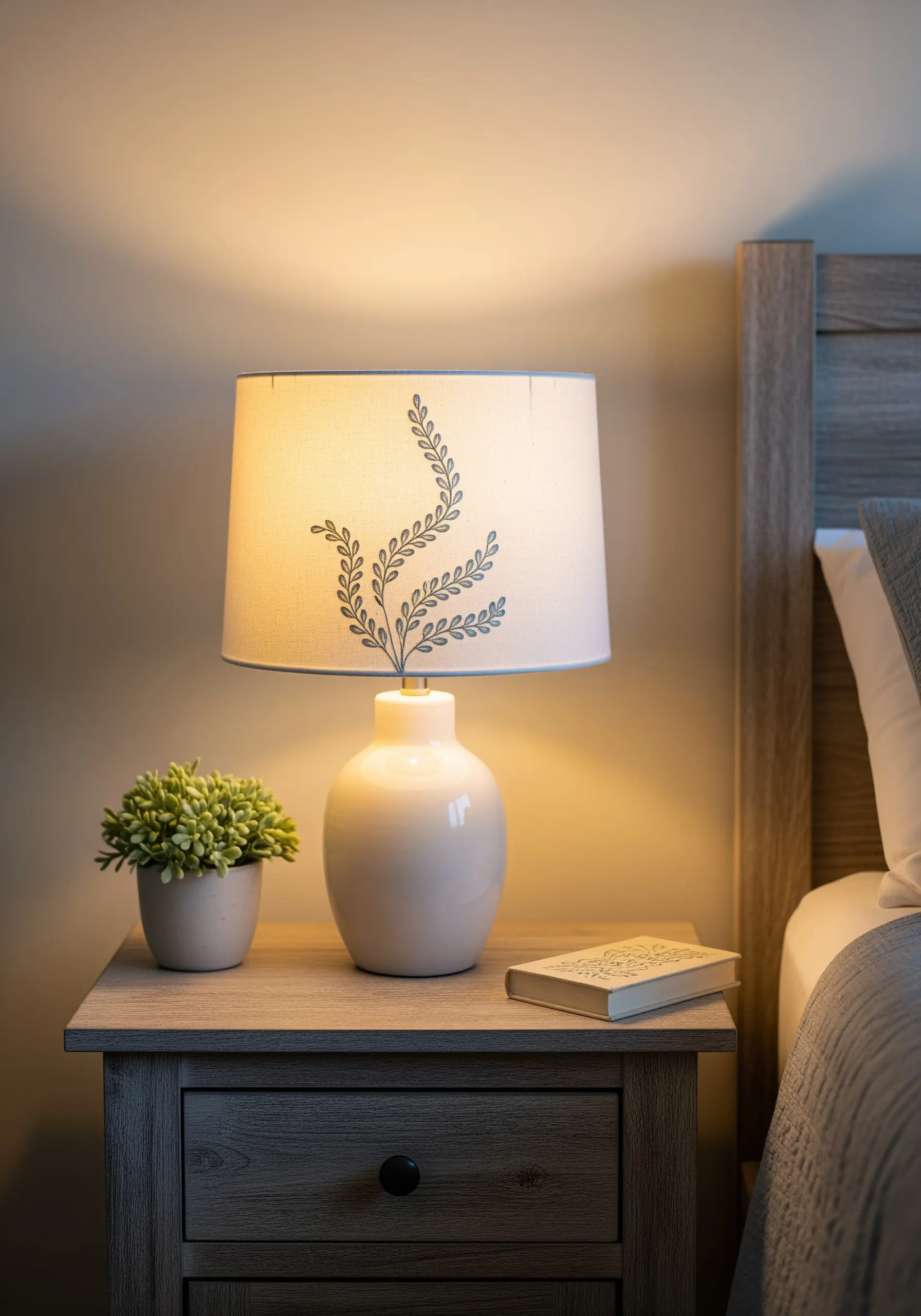 A cream-colored lampshade embroidered with a delicate blue-grey seaweed-like branch.