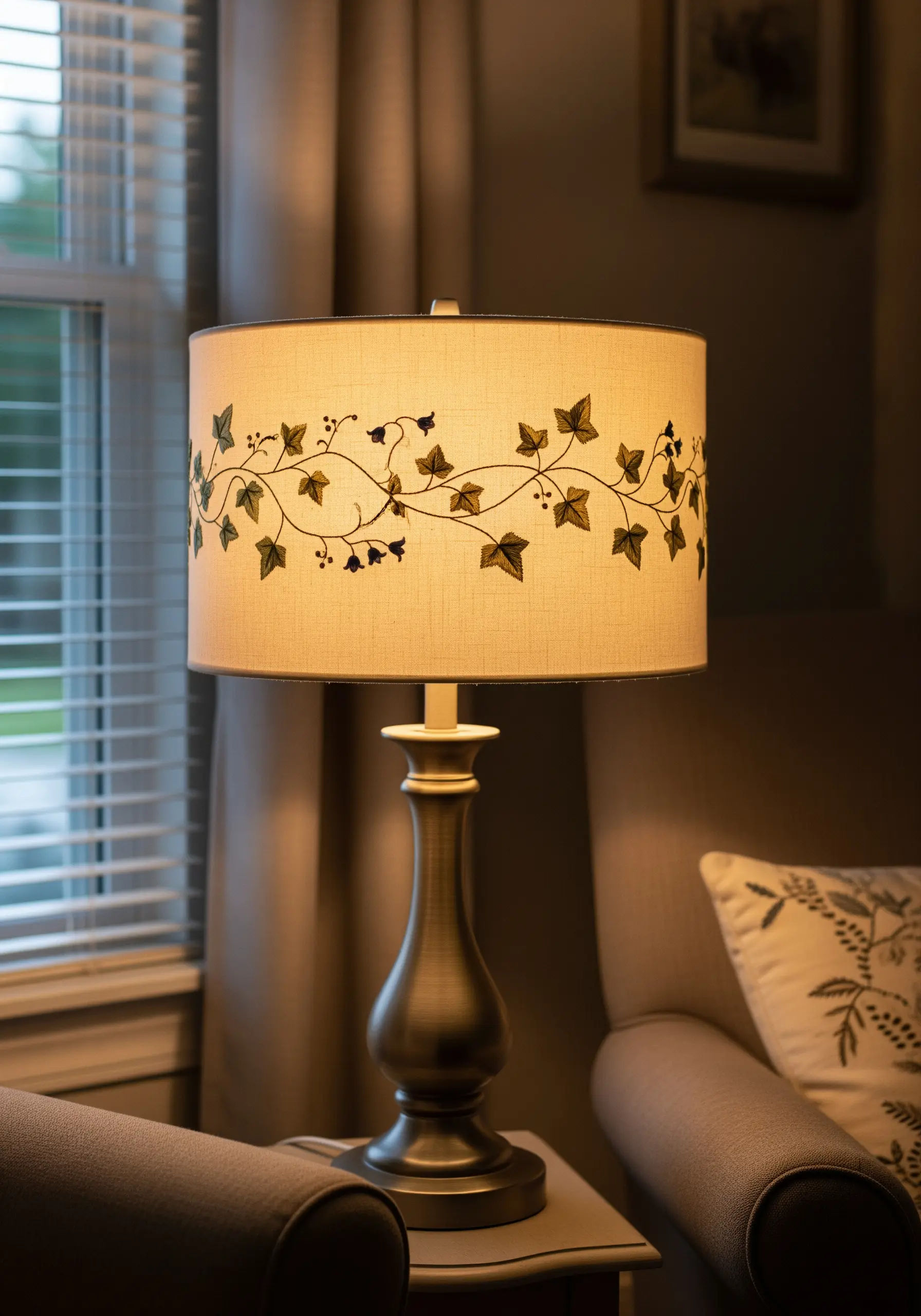 A beige linen lampshade embroidered with a delicate, winding vine of ivy leaves and small flowers.