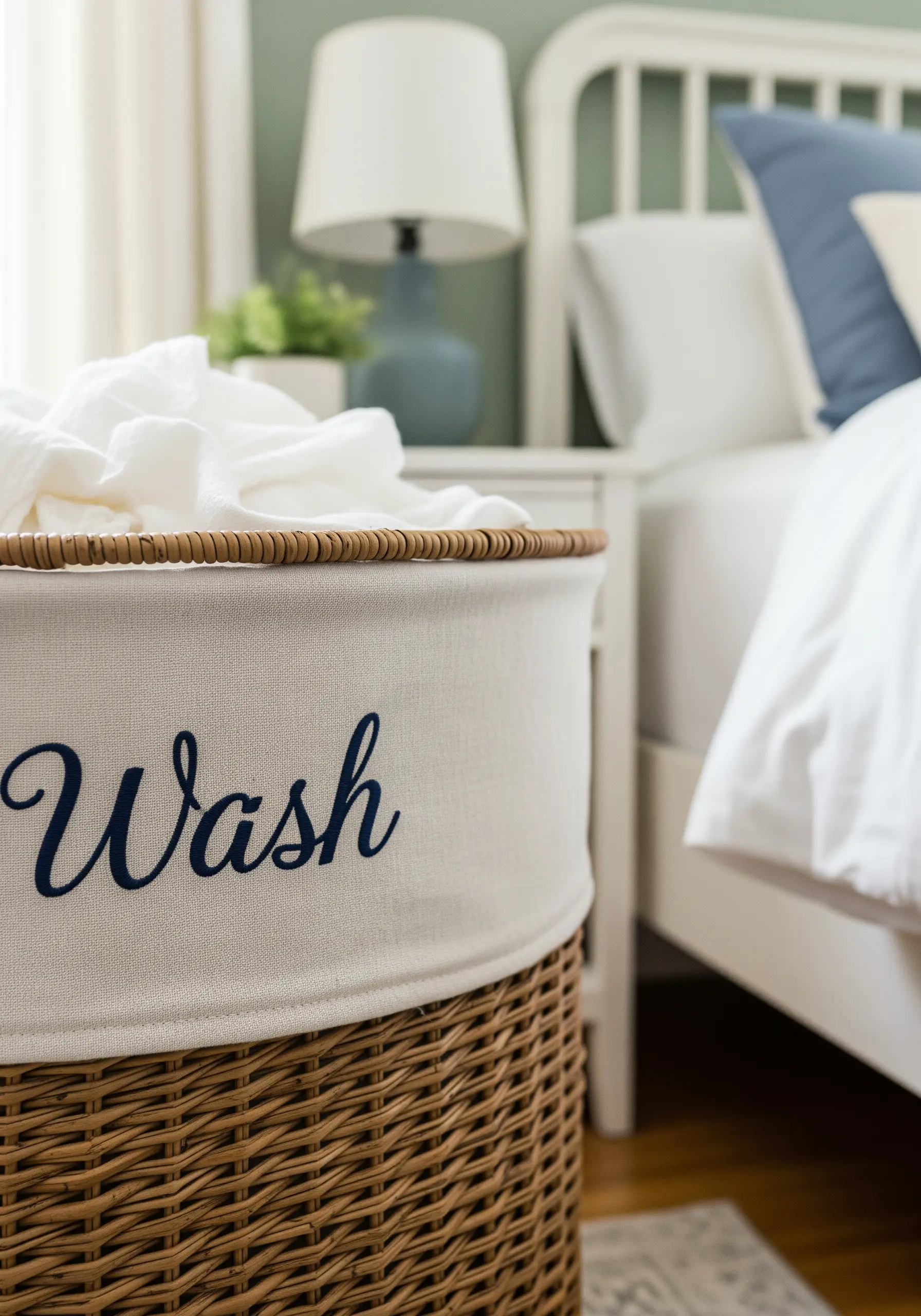 A canvas and wicker laundry hamper with the word 