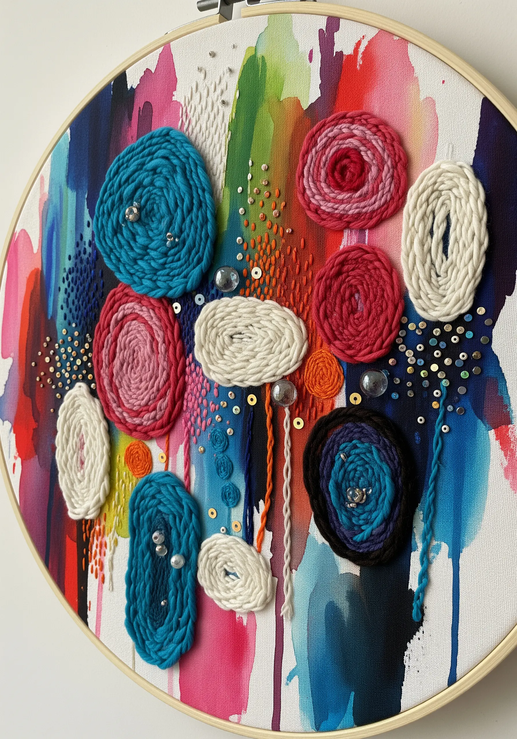 Abstract embroidery on a colorful painted canvas with coiled yarn, beads, and sequins.