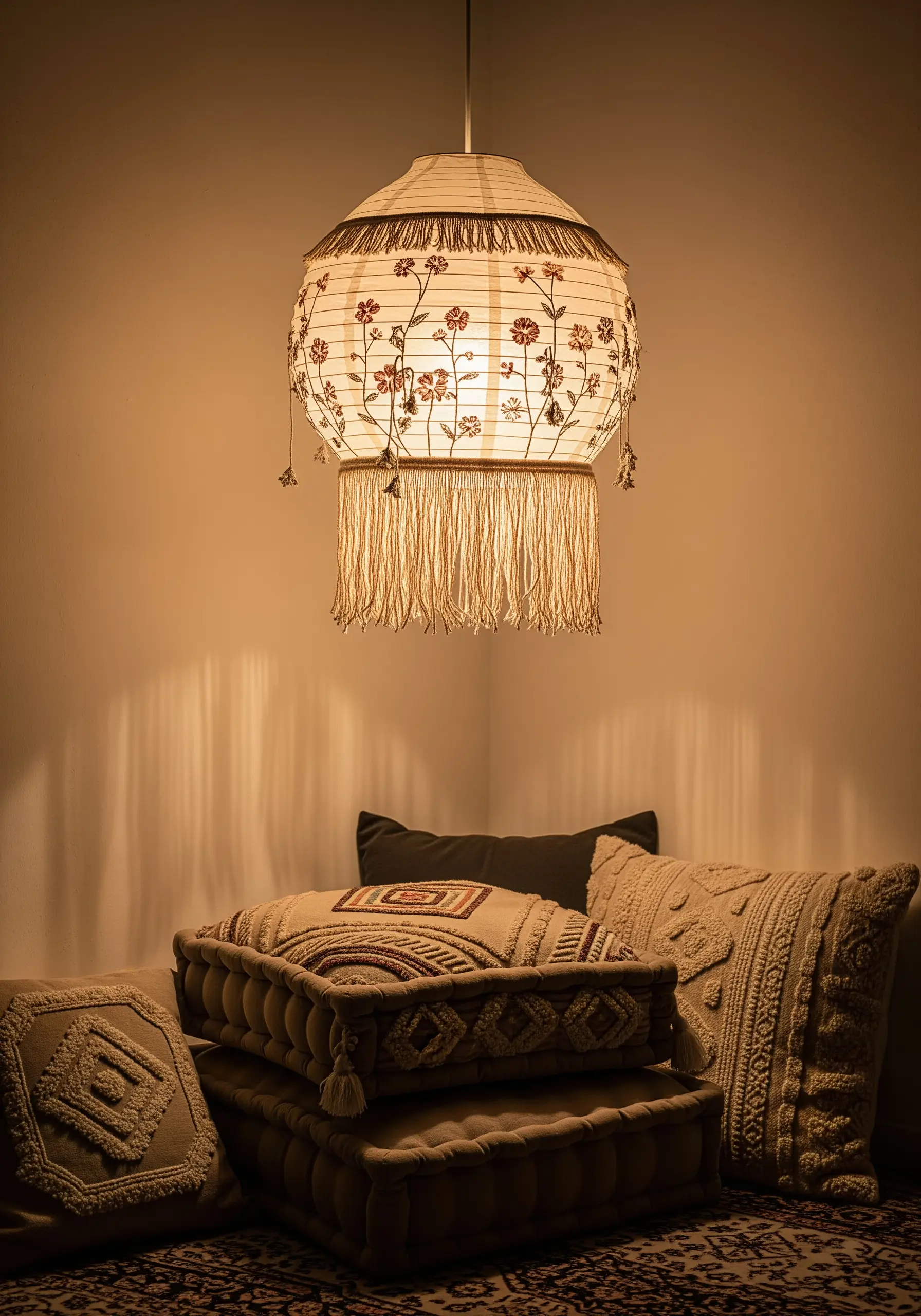 A paper lantern lampshade embroidered with delicate red flowers and fringe, glowing warmly.