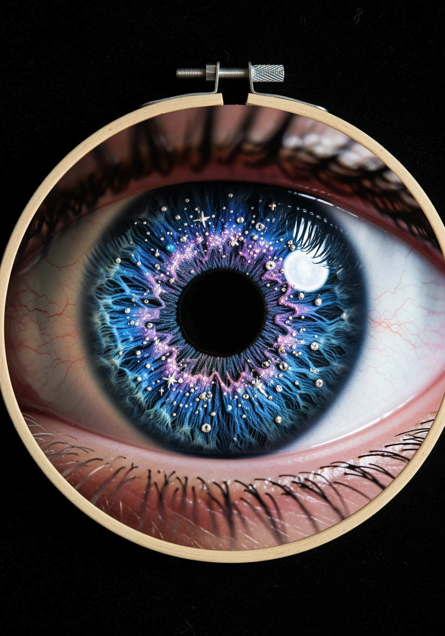 A photograph of an eye printed on fabric, with the iris embellished with cosmic embroidery.