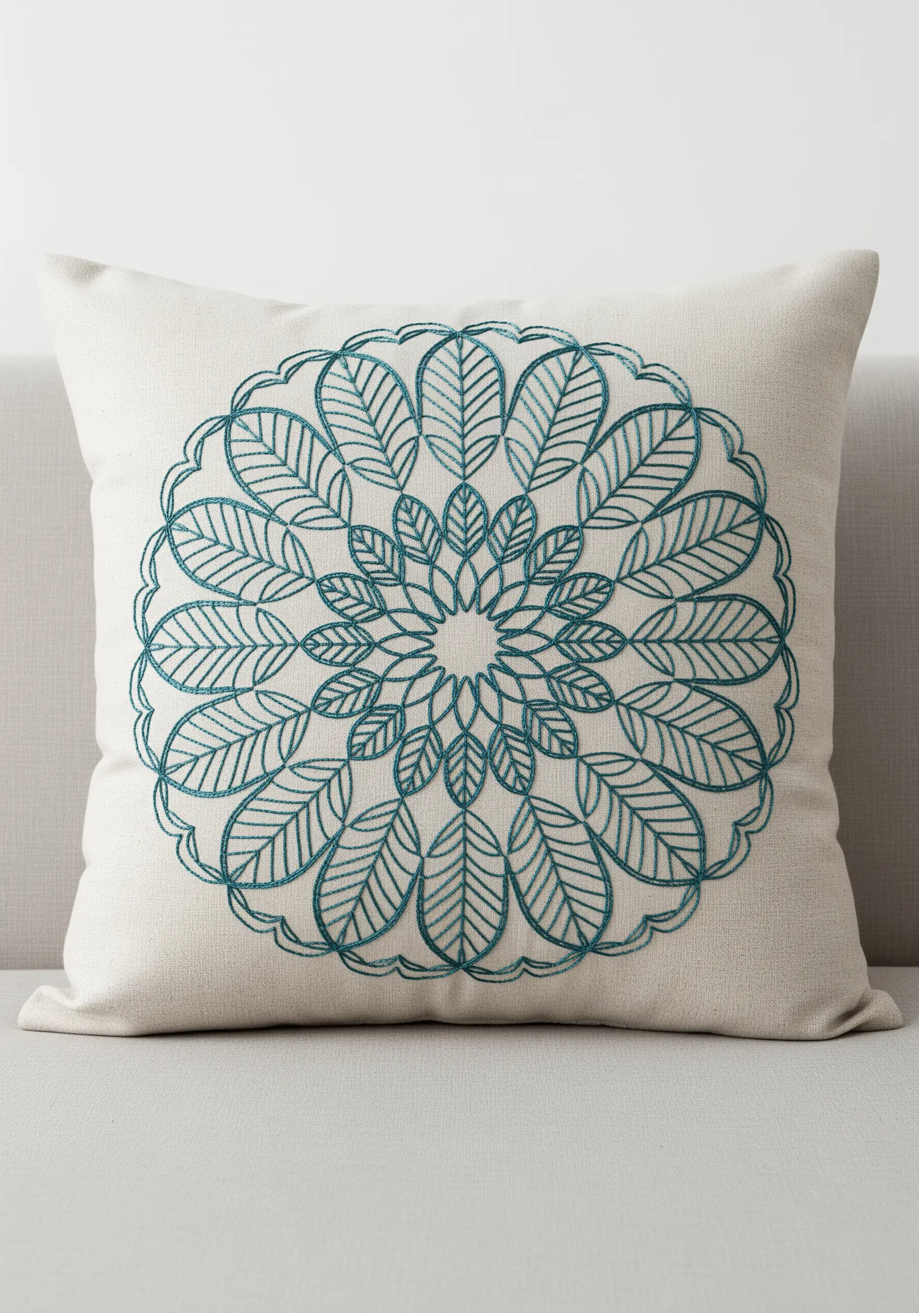 A large, leafy mandala embroidered in teal thread on a neutral linen pillowcase.