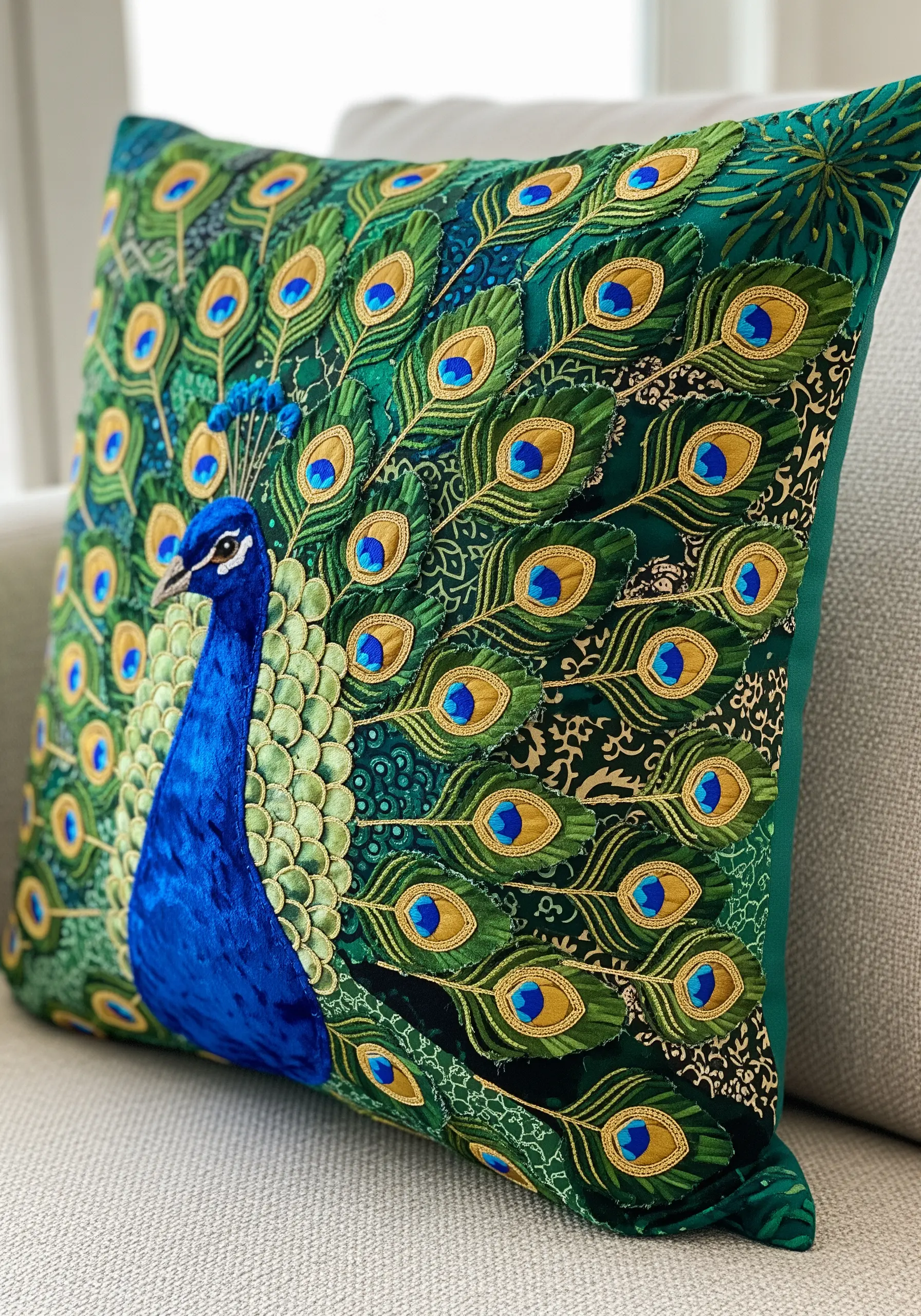 A detailed peacock cushion made from layered green, blue, and gold fabric appliqué