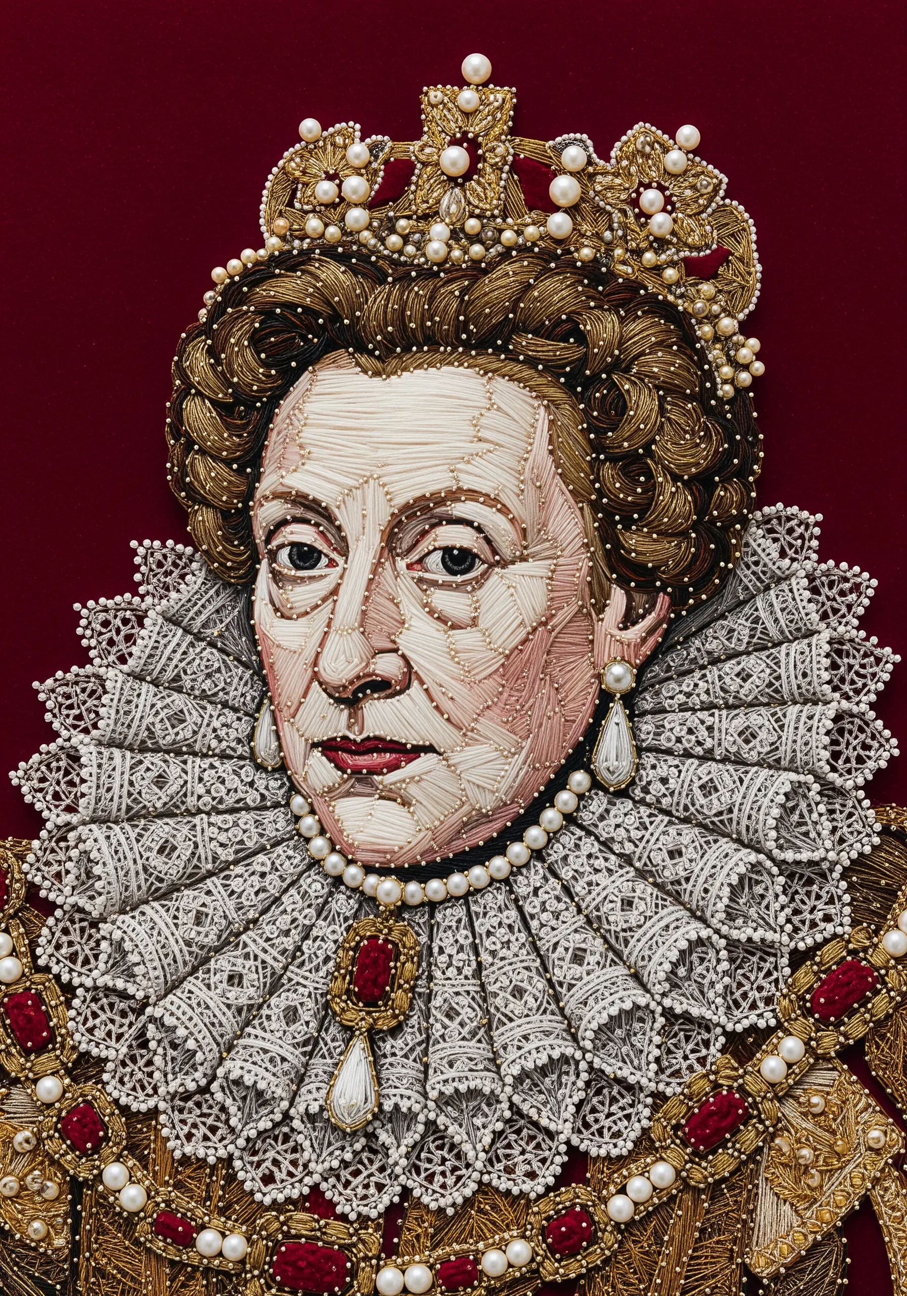 An ornate string art portrait of a queen, heavily embellished with pearls, beads, and gold thread.