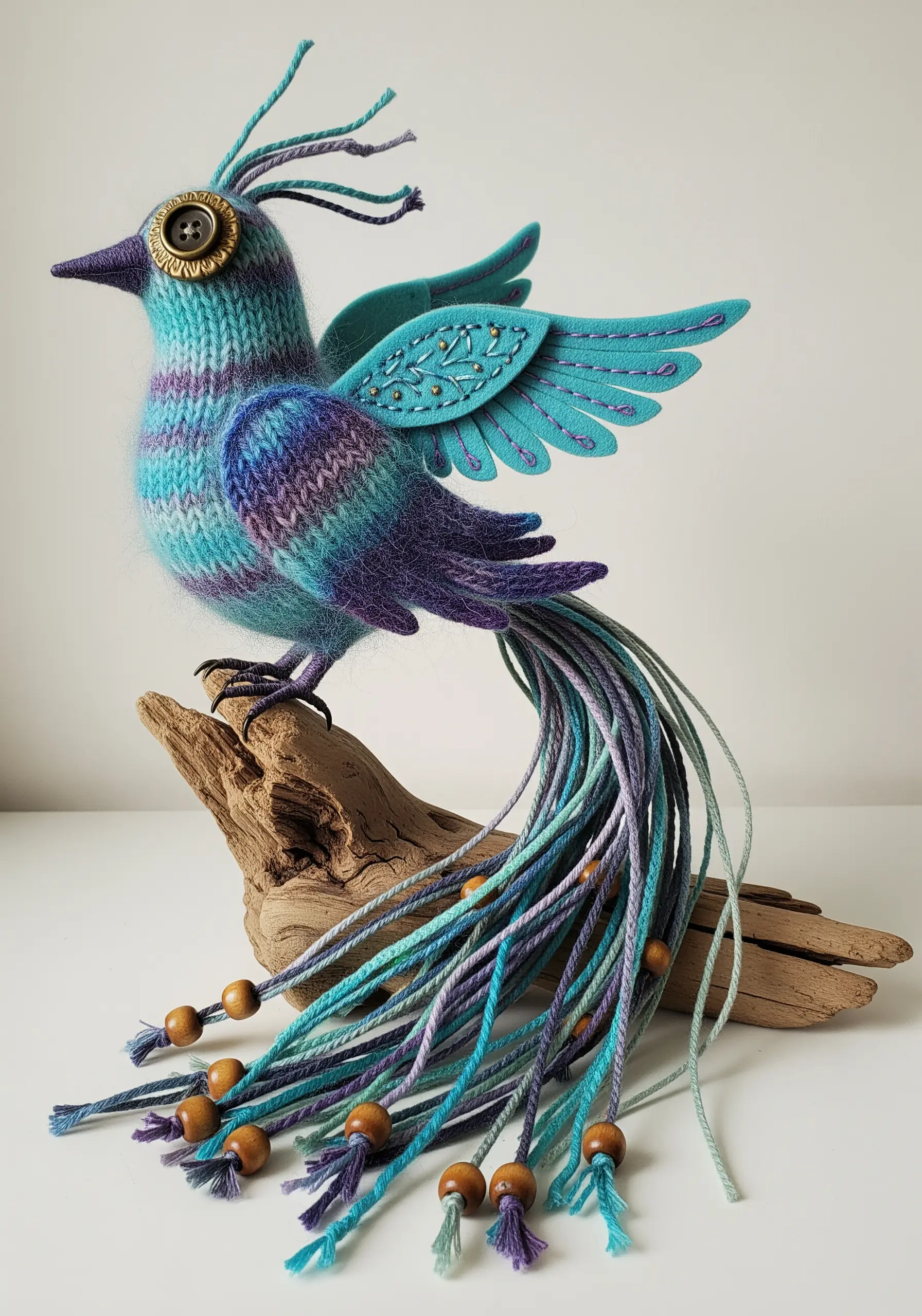 A sculptural knitted bird in blue and purple, with felt wings, a button eye, and a long yarn tail.